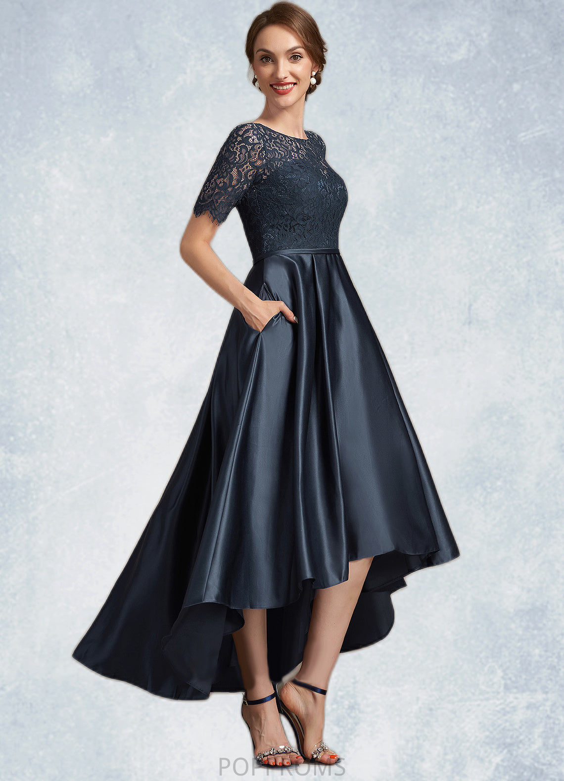 Amaris A-Line Scoop Neck Asymmetrical Satin Lace Mother of the Bride Dress PP6126P0014647