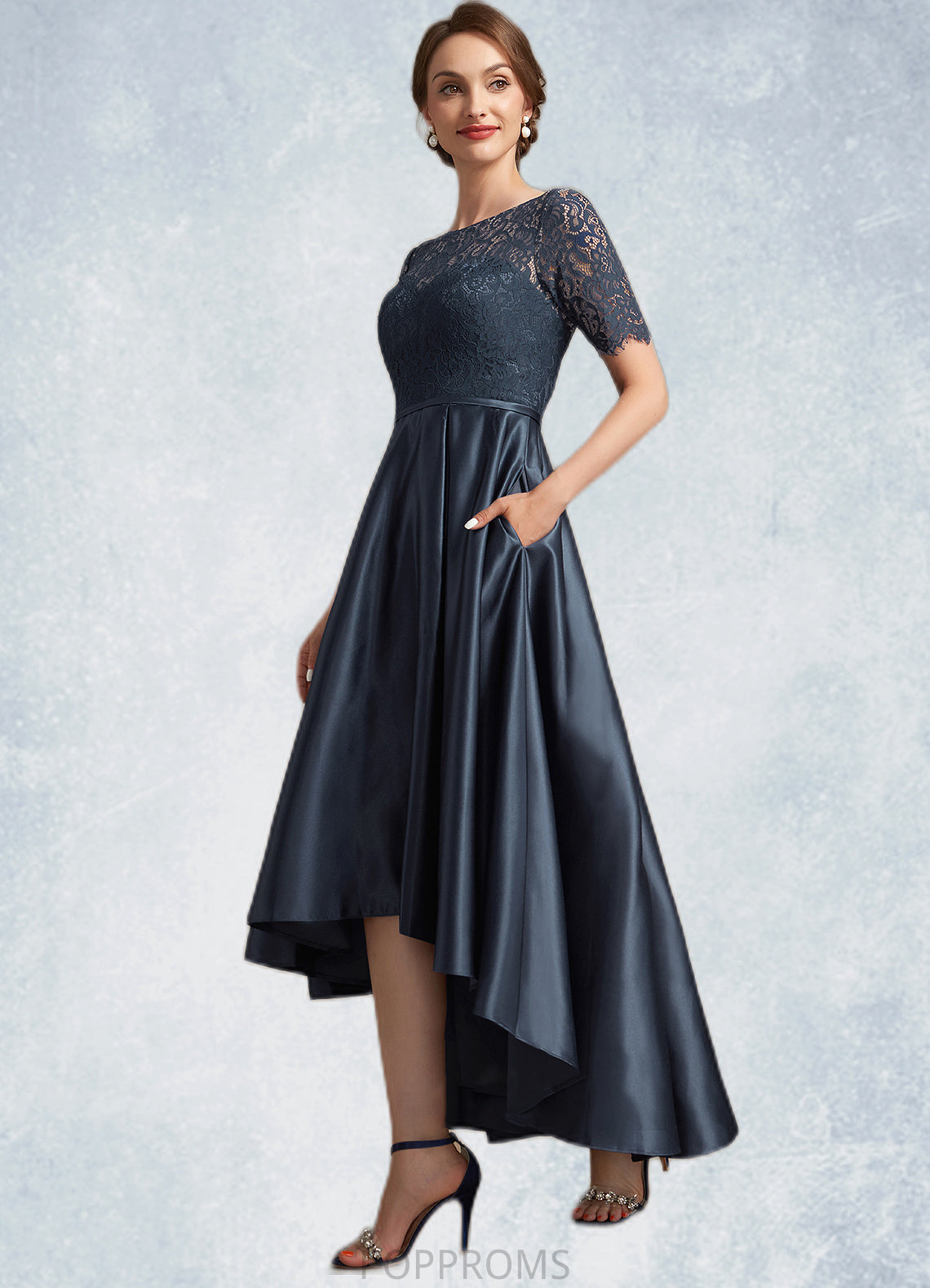 Amaris A-Line Scoop Neck Asymmetrical Satin Lace Mother of the Bride Dress PP6126P0014647