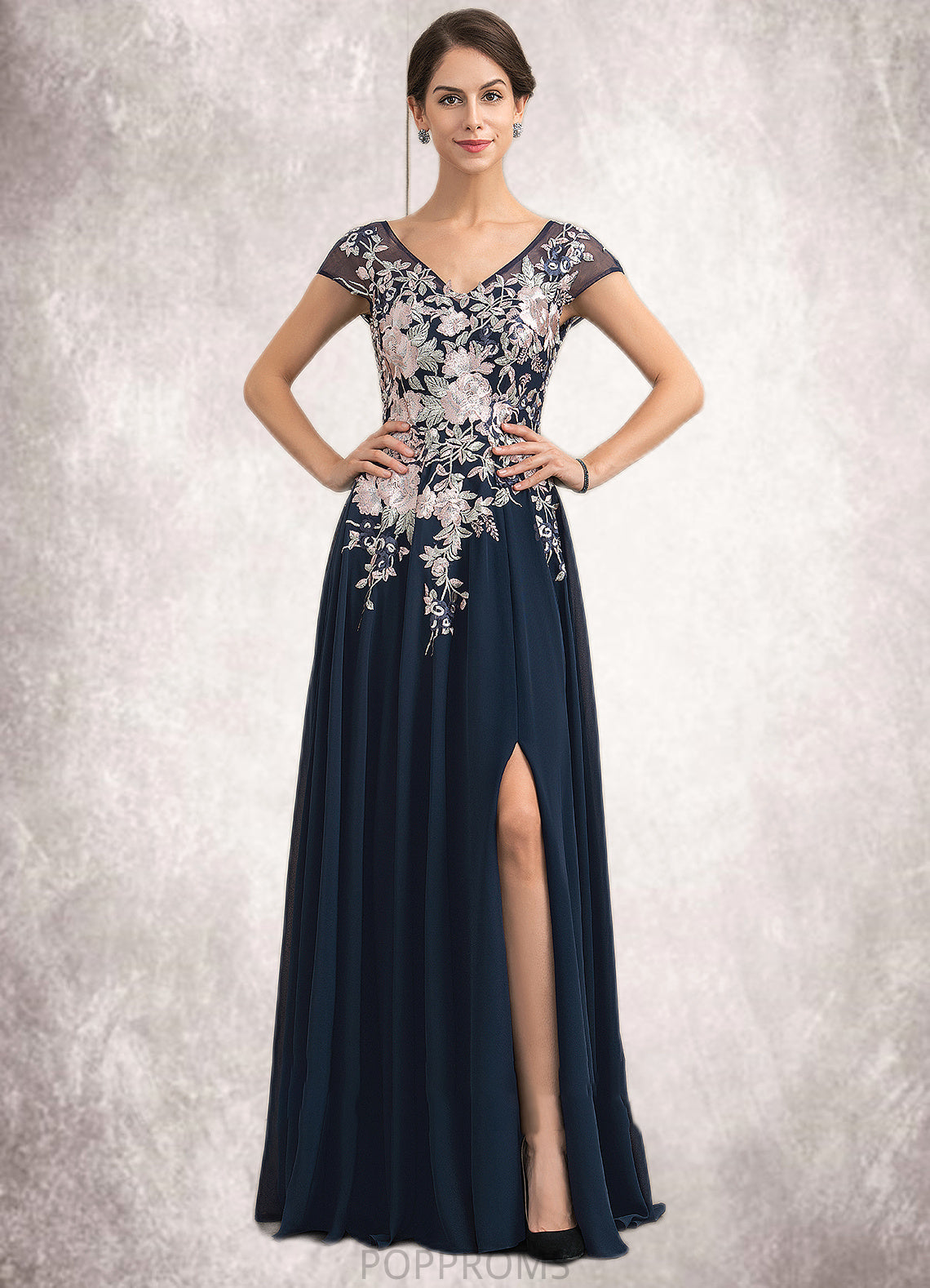 Marisol A-Line V-neck Floor-Length Chiffon Lace Mother of the Bride Dress With Split Front PP6126P0014649