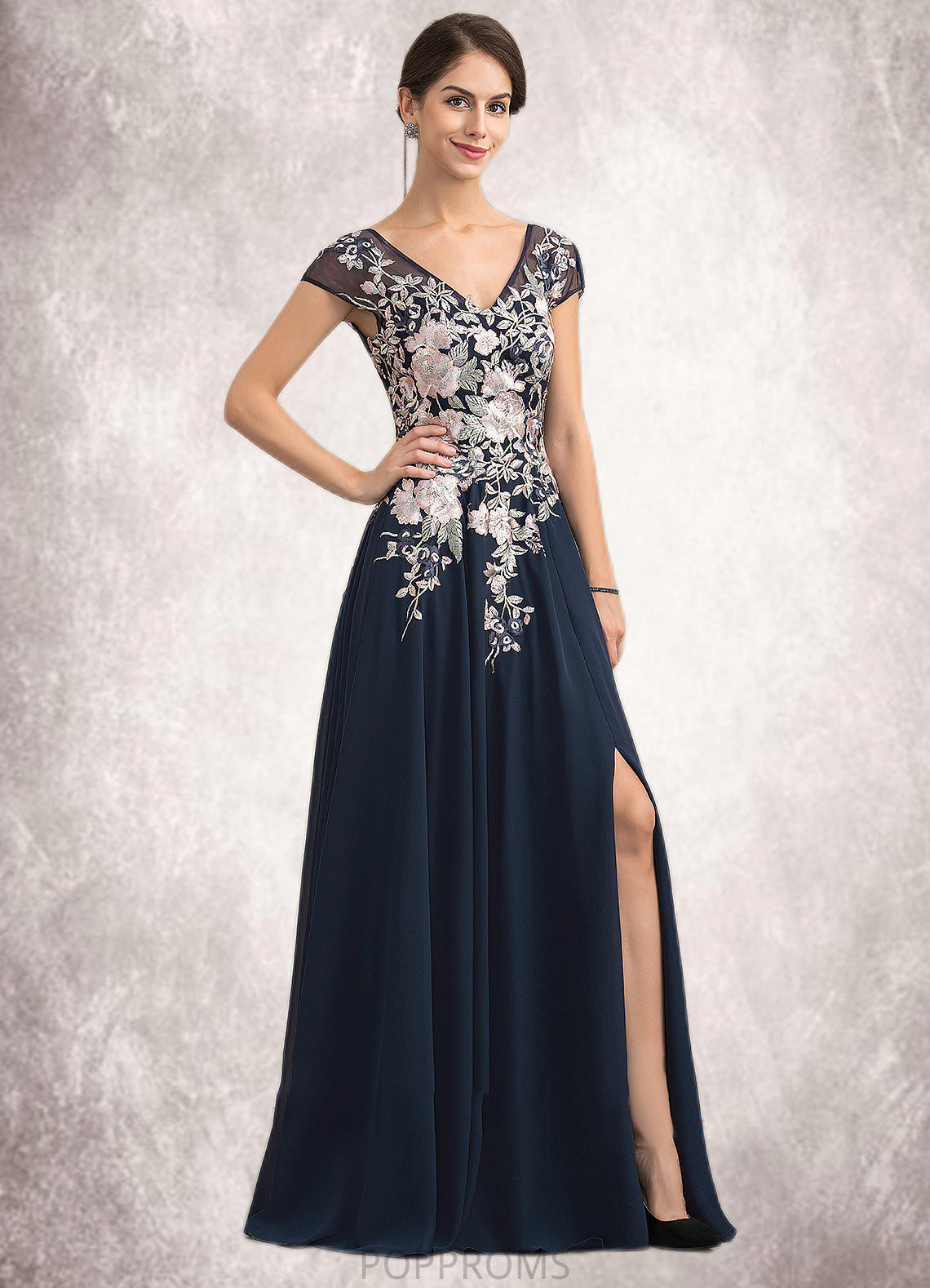 Marisol A-Line V-neck Floor-Length Chiffon Lace Mother of the Bride Dress With Split Front PP6126P0014649