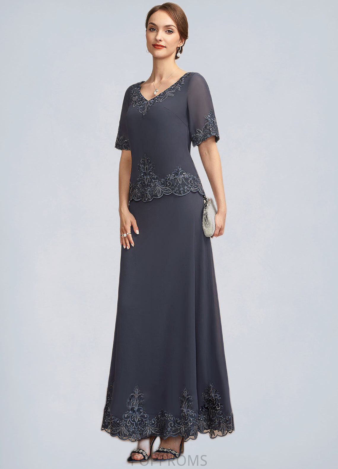 Arabella A-Line V-neck Ankle-Length Chiffon Lace Mother of the Bride Dress With Sequins PP6126P0014650