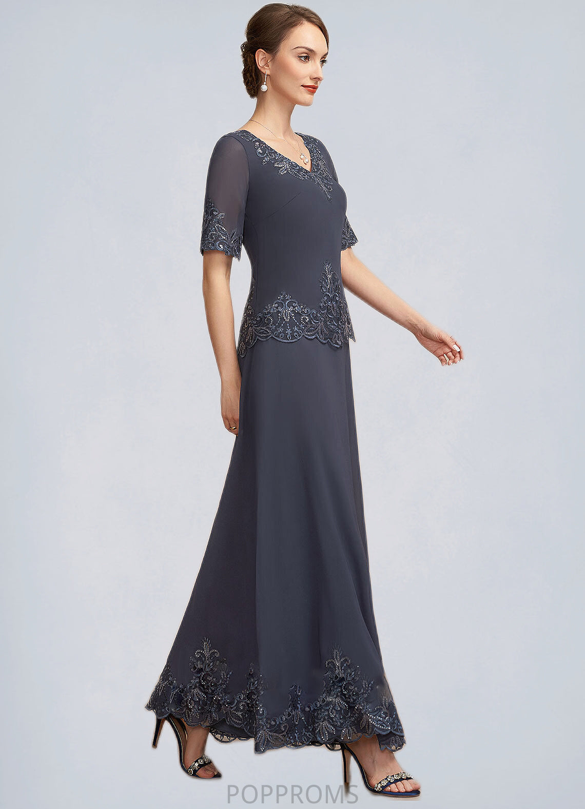 Arabella A-Line V-neck Ankle-Length Chiffon Lace Mother of the Bride Dress With Sequins PP6126P0014650