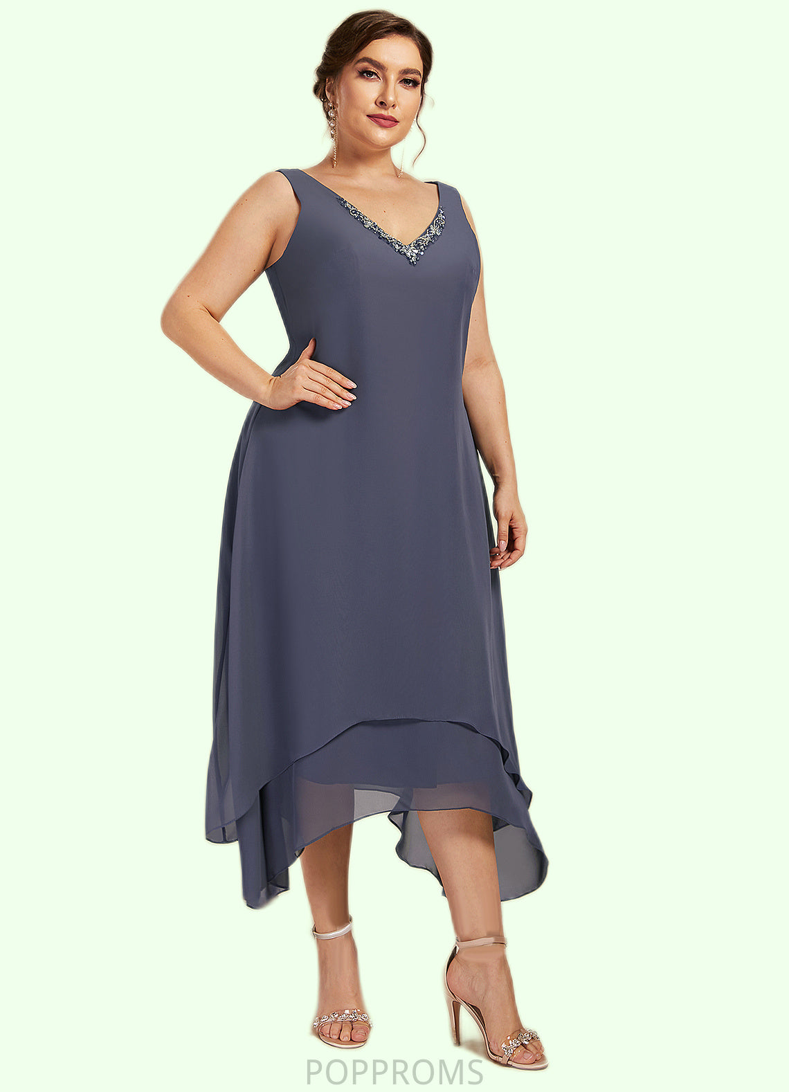 Lucia A-line V-Neck Ankle-Length Chiffon Mother of the Bride Dress With Beading PP6126P0014655