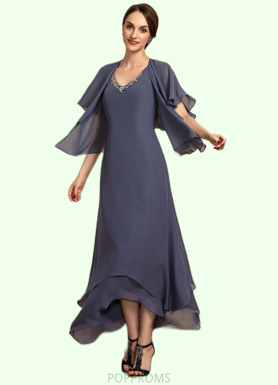 Lucia A-line V-Neck Ankle-Length Chiffon Mother of the Bride Dress With Beading PP6126P0014655