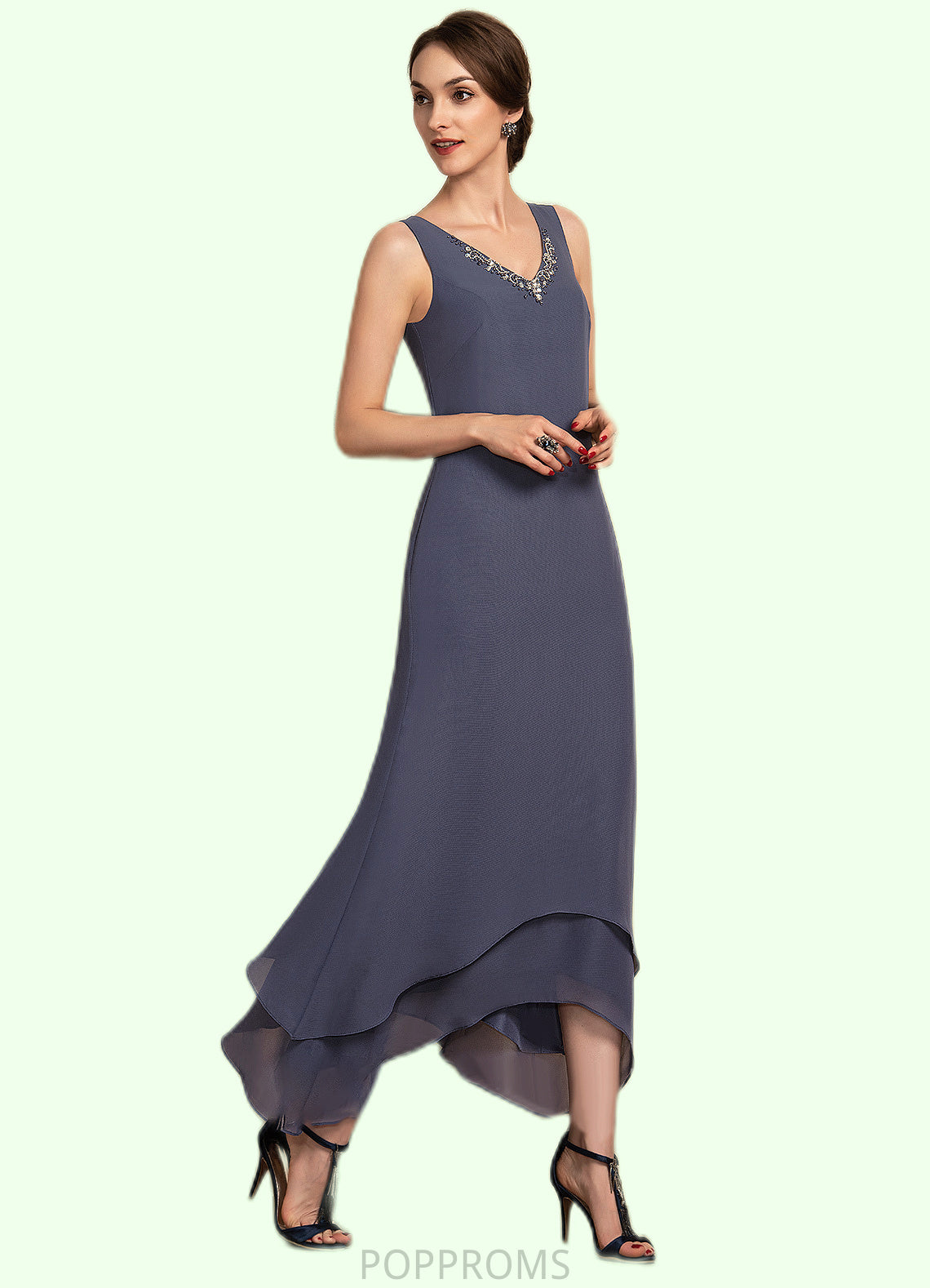 Lucia A-line V-Neck Ankle-Length Chiffon Mother of the Bride Dress With Beading PP6126P0014655