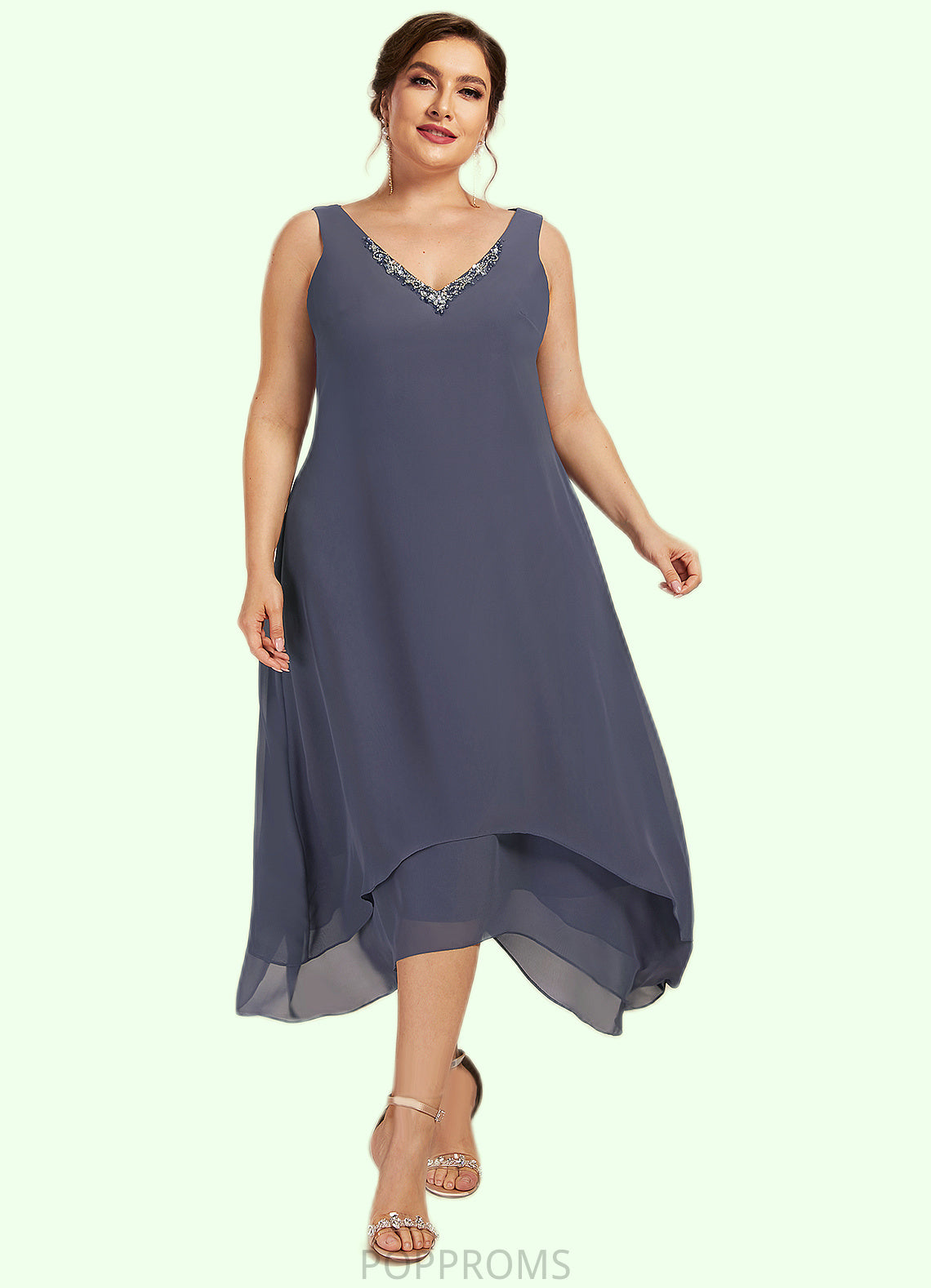 Lucia A-line V-Neck Ankle-Length Chiffon Mother of the Bride Dress With Beading PP6126P0014655