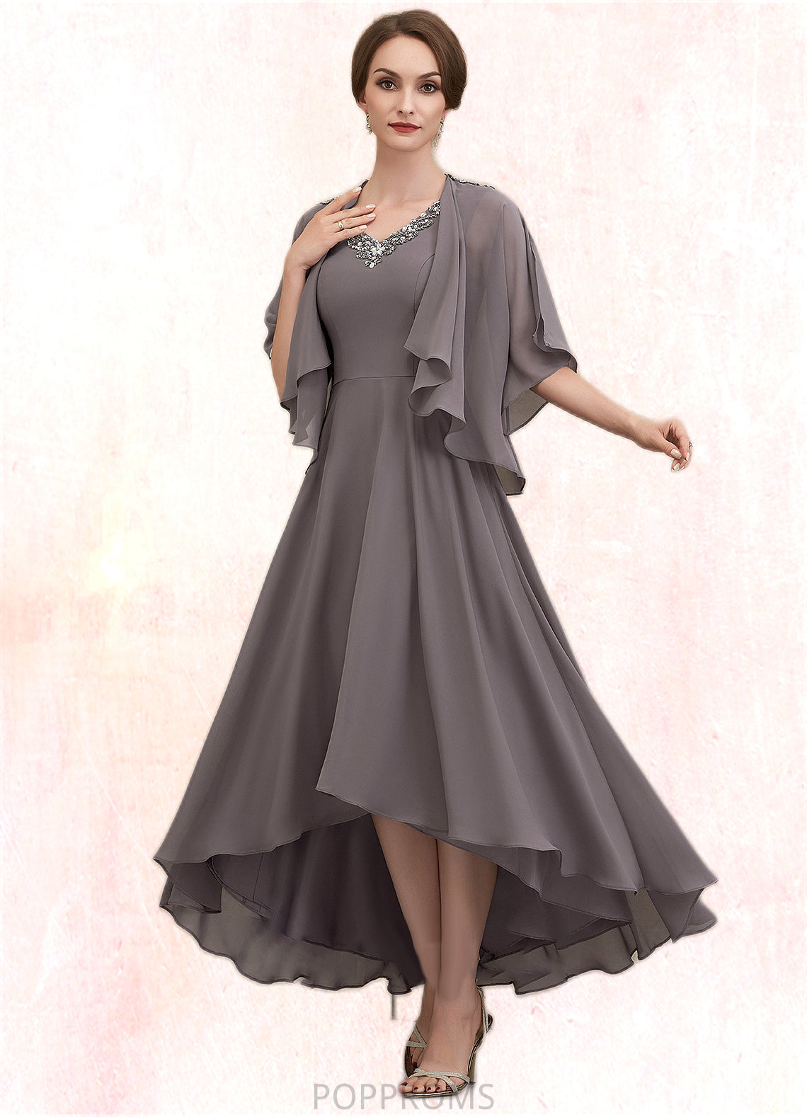 Helena A-line V-Neck Asymmetrical Chiffon Mother of the Bride Dress With Beading Sequins PP6126P0014656