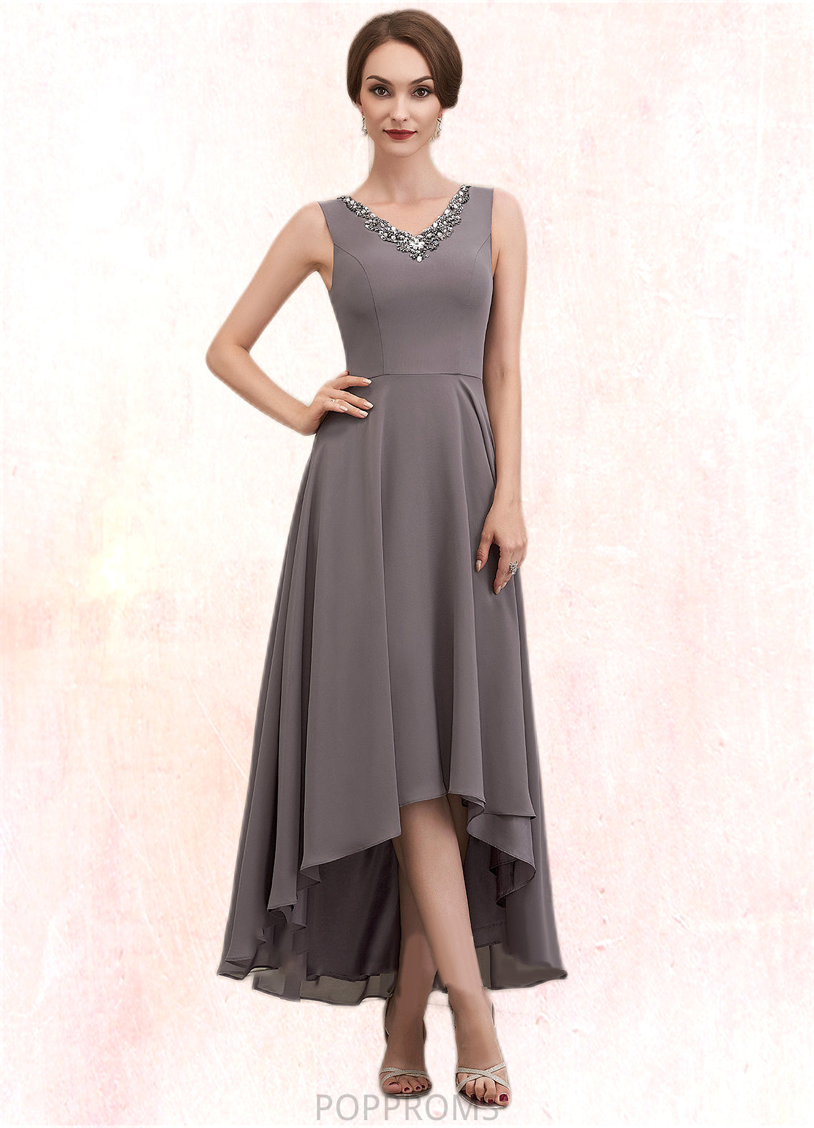 Helena A-line V-Neck Asymmetrical Chiffon Mother of the Bride Dress With Beading Sequins PP6126P0014656