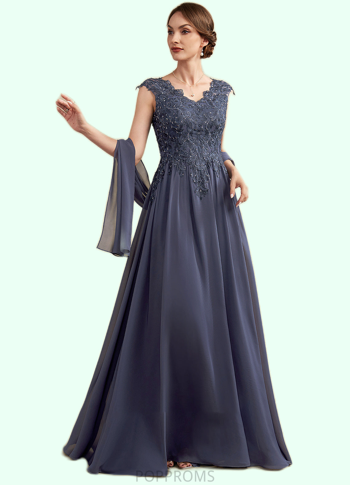 Leah A-Line V-neck Floor-Length Chiffon Lace Mother of the Bride Dress With Beading Sequins PP6126P0014657