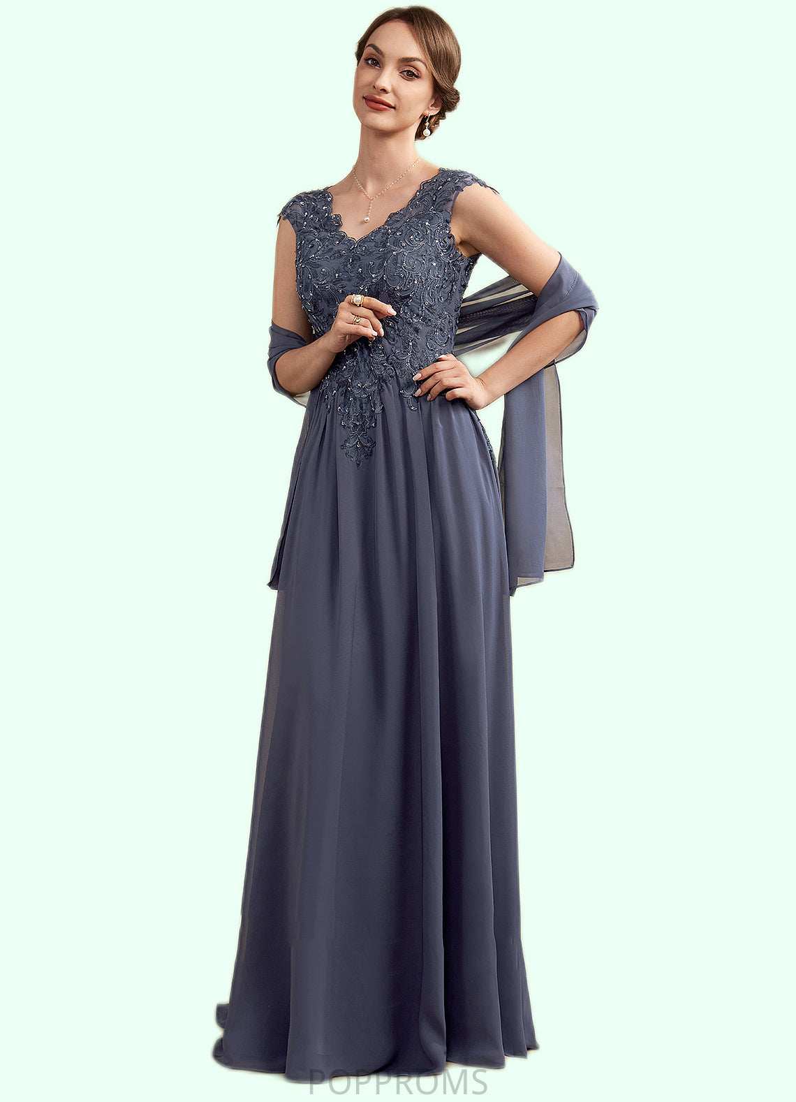 Leah A-Line V-neck Floor-Length Chiffon Lace Mother of the Bride Dress With Beading Sequins PP6126P0014657