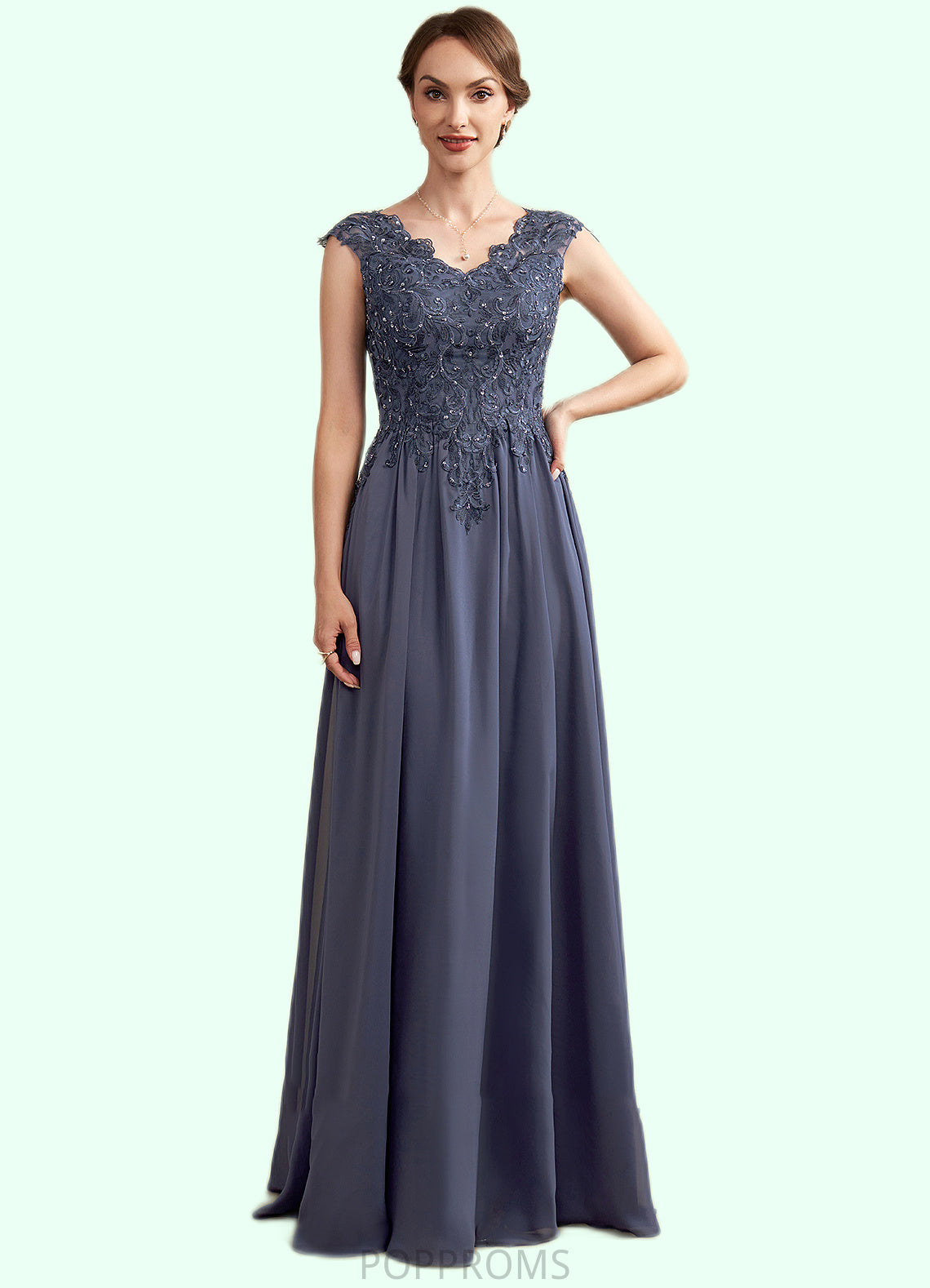 Leah A-Line V-neck Floor-Length Chiffon Lace Mother of the Bride Dress With Beading Sequins PP6126P0014657