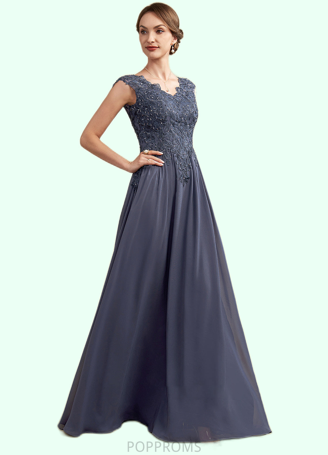 Leah A-Line V-neck Floor-Length Chiffon Lace Mother of the Bride Dress With Beading Sequins PP6126P0014657