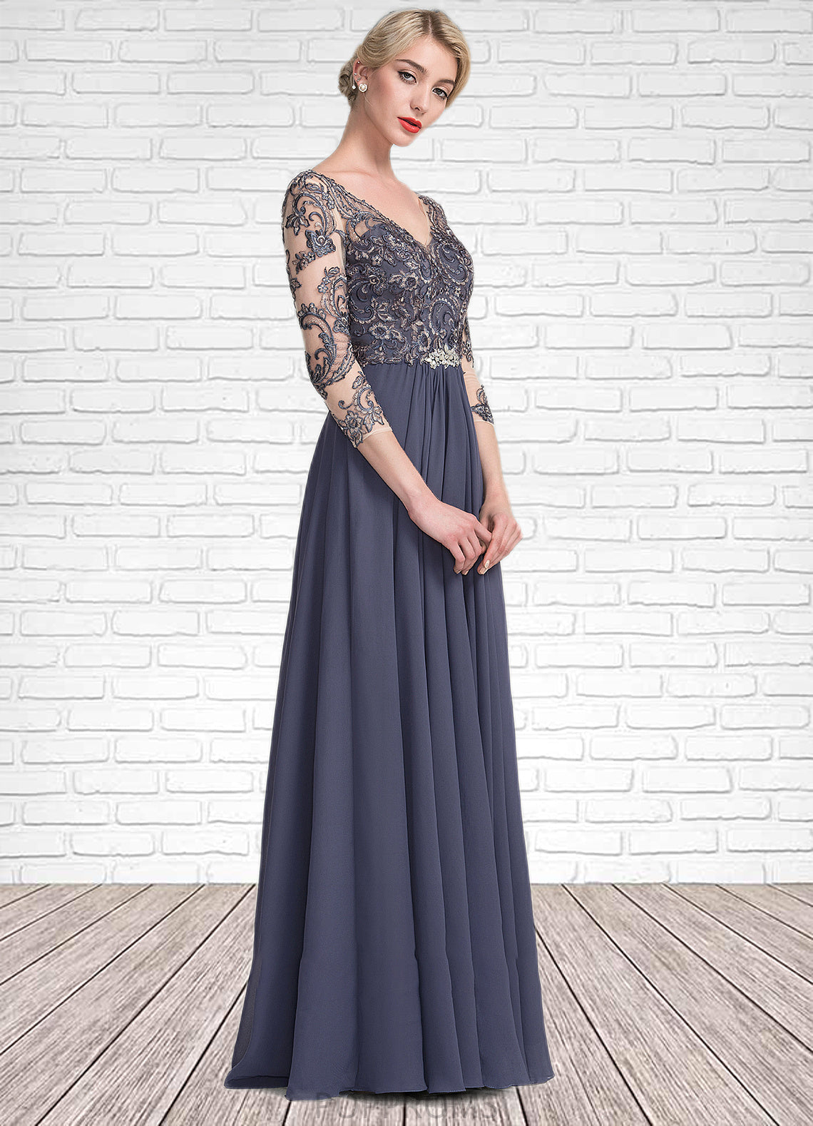 Genesis A-Line V-neck Floor-Length Chiffon Lace Mother of the Bride Dress PP6126P0014659