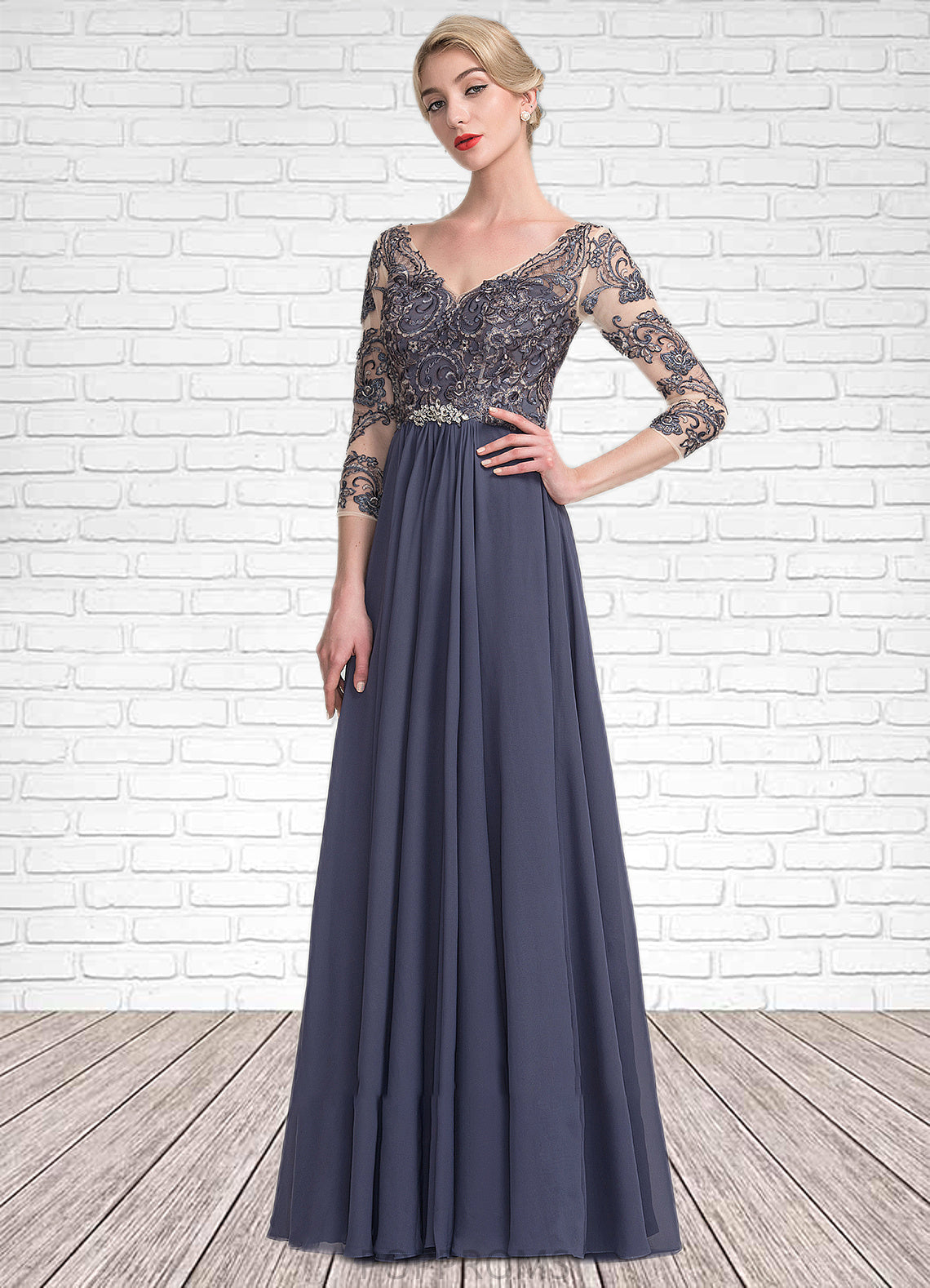 Genesis A-Line V-neck Floor-Length Chiffon Lace Mother of the Bride Dress PP6126P0014659