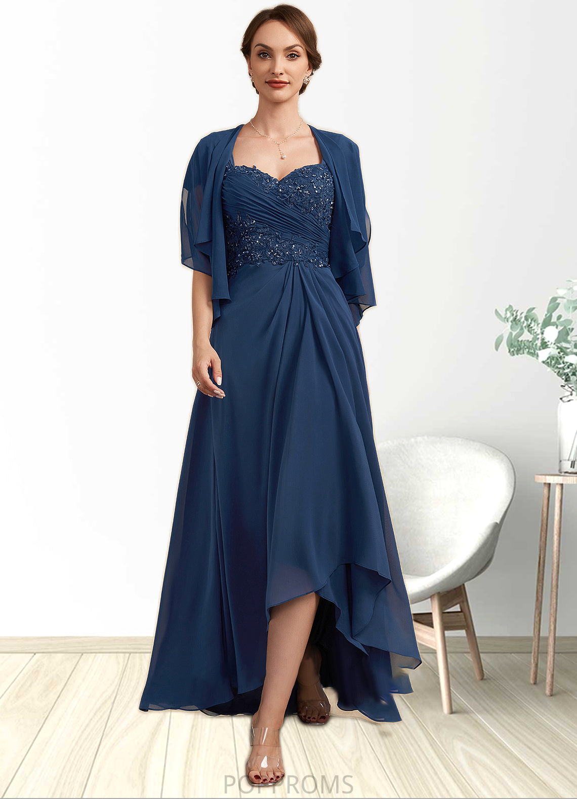 Destinee A-Line Sweetheart Asymmetrical Chiffon Lace Mother of the Bride Dress With Ruffle Beading Sequins PP6126P0014663