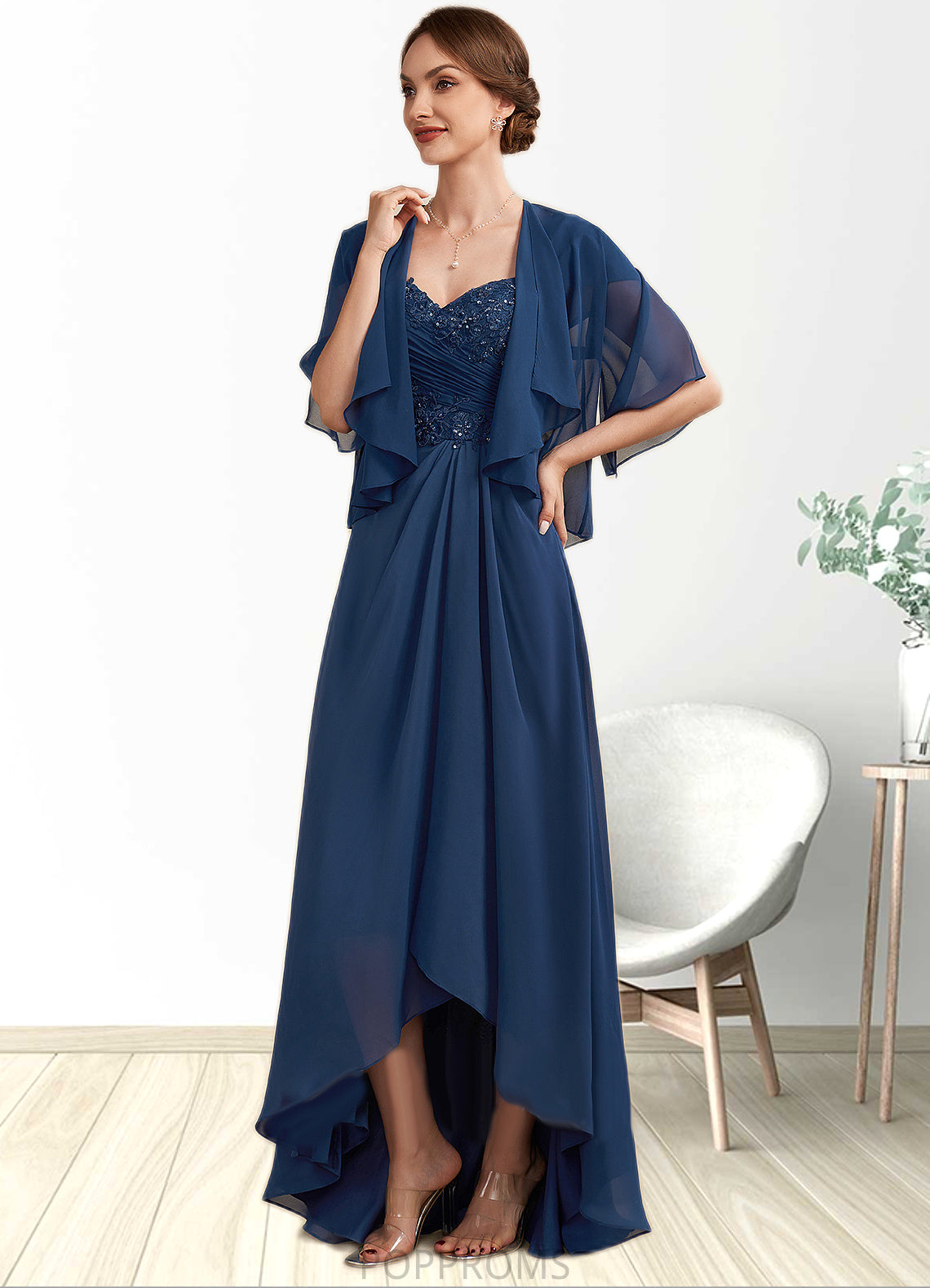 Destinee A-Line Sweetheart Asymmetrical Chiffon Lace Mother of the Bride Dress With Ruffle Beading Sequins PP6126P0014663