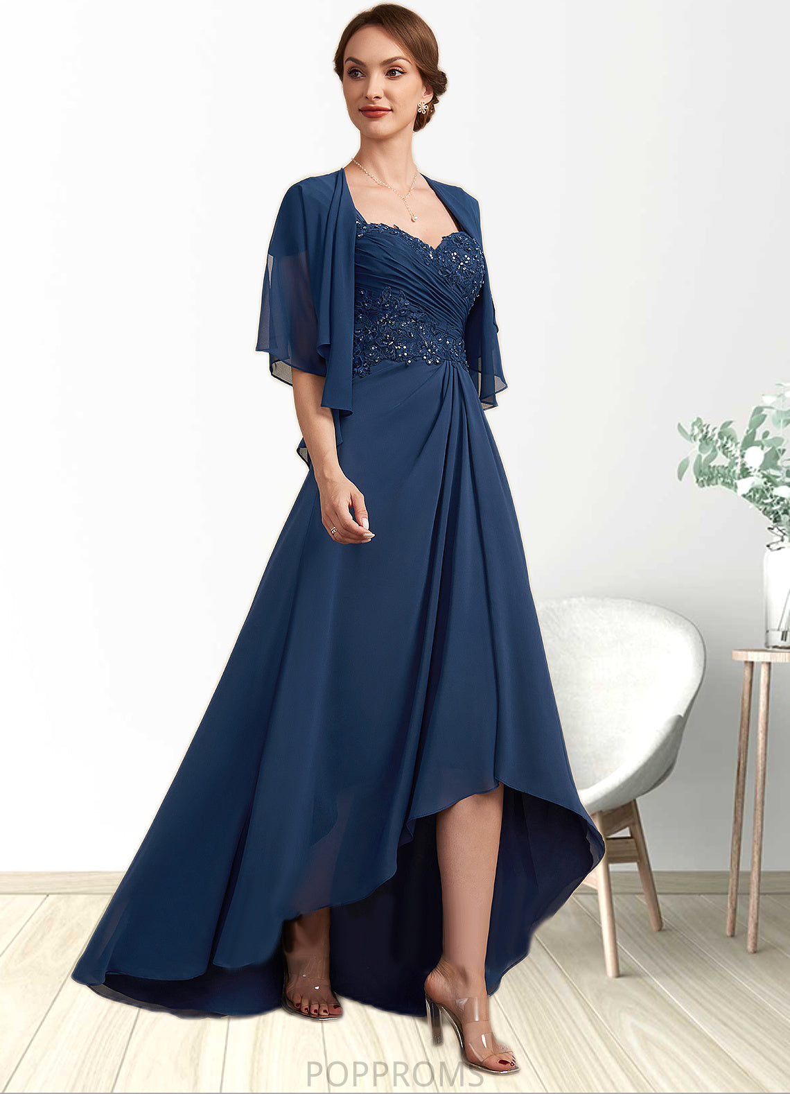 Destinee A-Line Sweetheart Asymmetrical Chiffon Lace Mother of the Bride Dress With Ruffle Beading Sequins PP6126P0014663