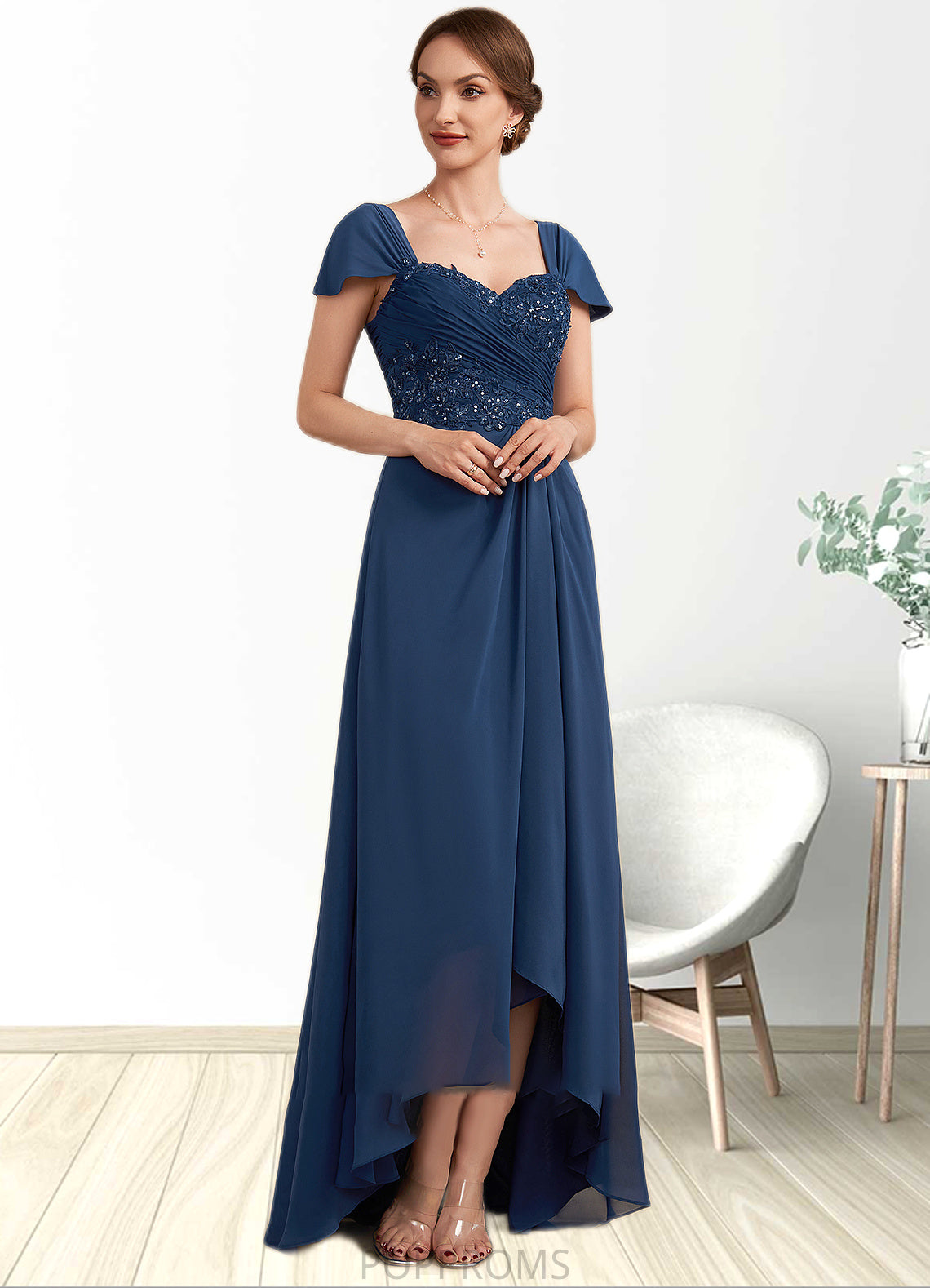 Destinee A-Line Sweetheart Asymmetrical Chiffon Lace Mother of the Bride Dress With Ruffle Beading Sequins PP6126P0014663