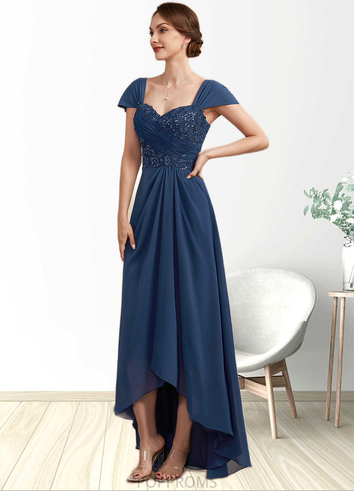 Destinee A-Line Sweetheart Asymmetrical Chiffon Lace Mother of the Bride Dress With Ruffle Beading Sequins PP6126P0014663