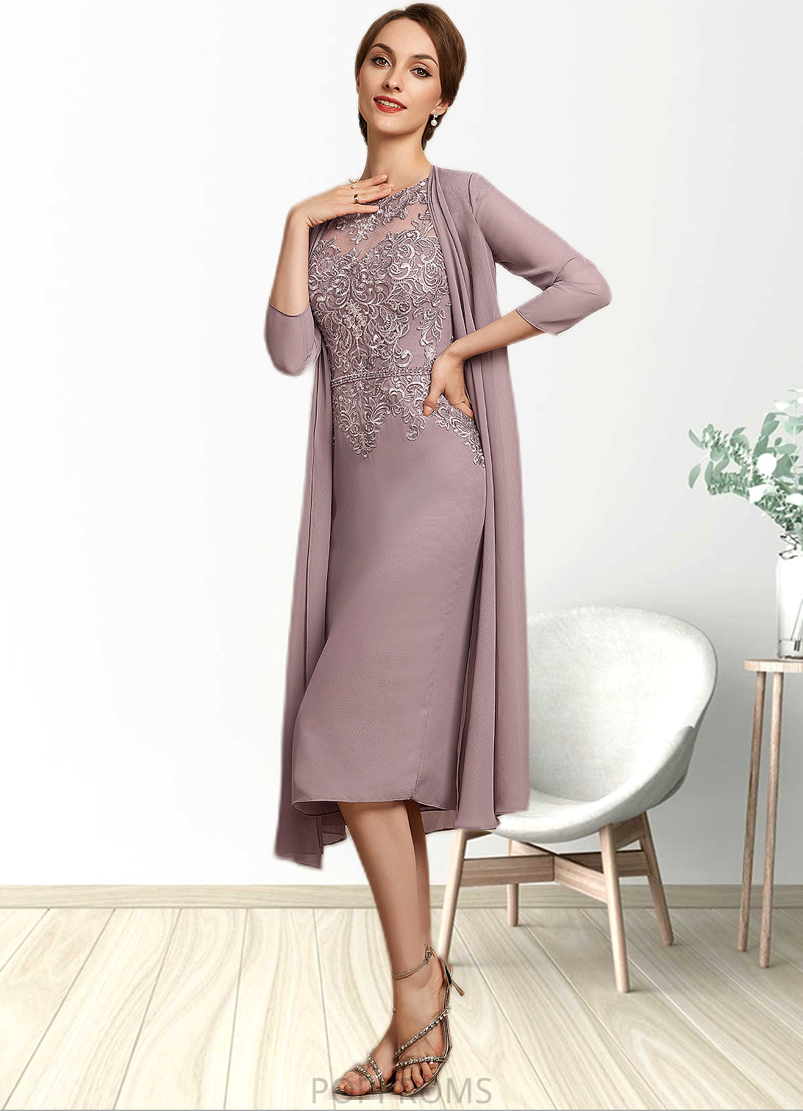 Rylee Sheath/Column Scoop Neck Knee-Length Chiffon Lace Mother of the Bride Dress With Beading Sequins PP6126P0014666