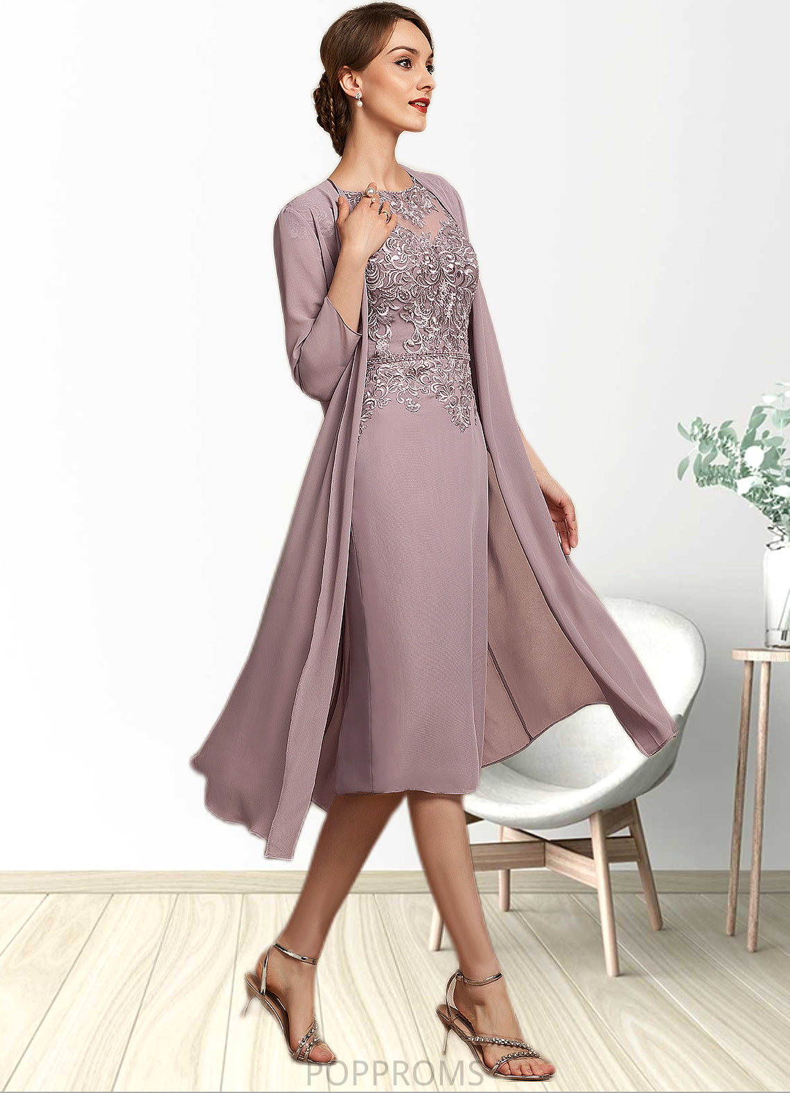 Rylee Sheath/Column Scoop Neck Knee-Length Chiffon Lace Mother of the Bride Dress With Beading Sequins PP6126P0014666