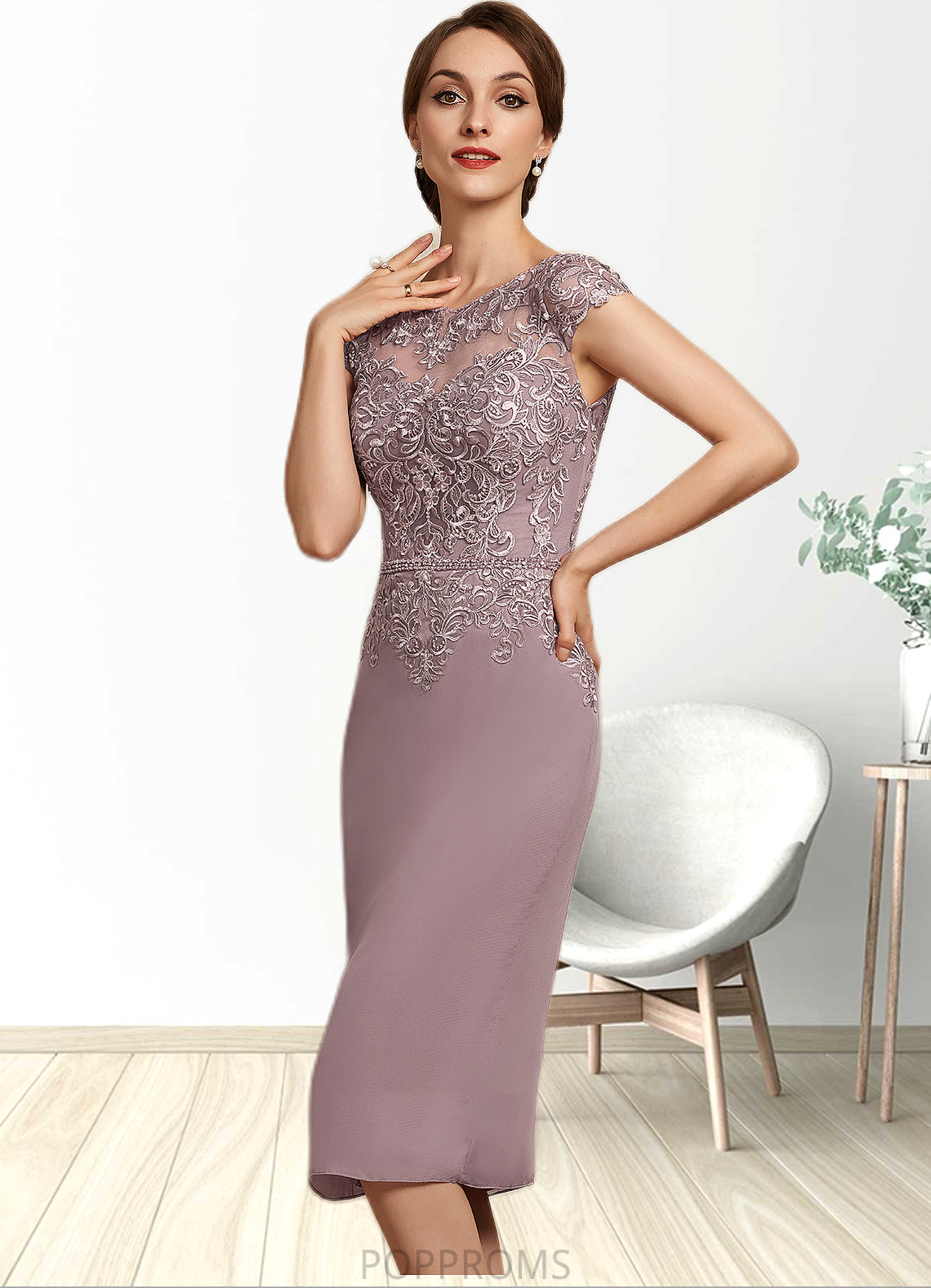 Rylee Sheath/Column Scoop Neck Knee-Length Chiffon Lace Mother of the Bride Dress With Beading Sequins PP6126P0014666