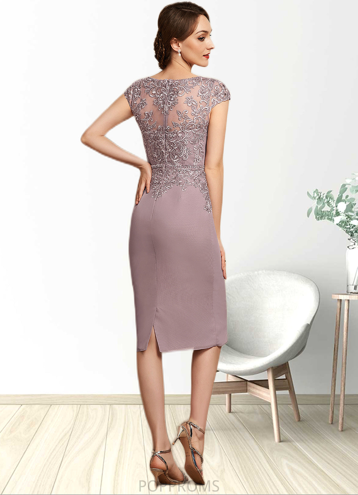 Rylee Sheath/Column Scoop Neck Knee-Length Chiffon Lace Mother of the Bride Dress With Beading Sequins PP6126P0014666