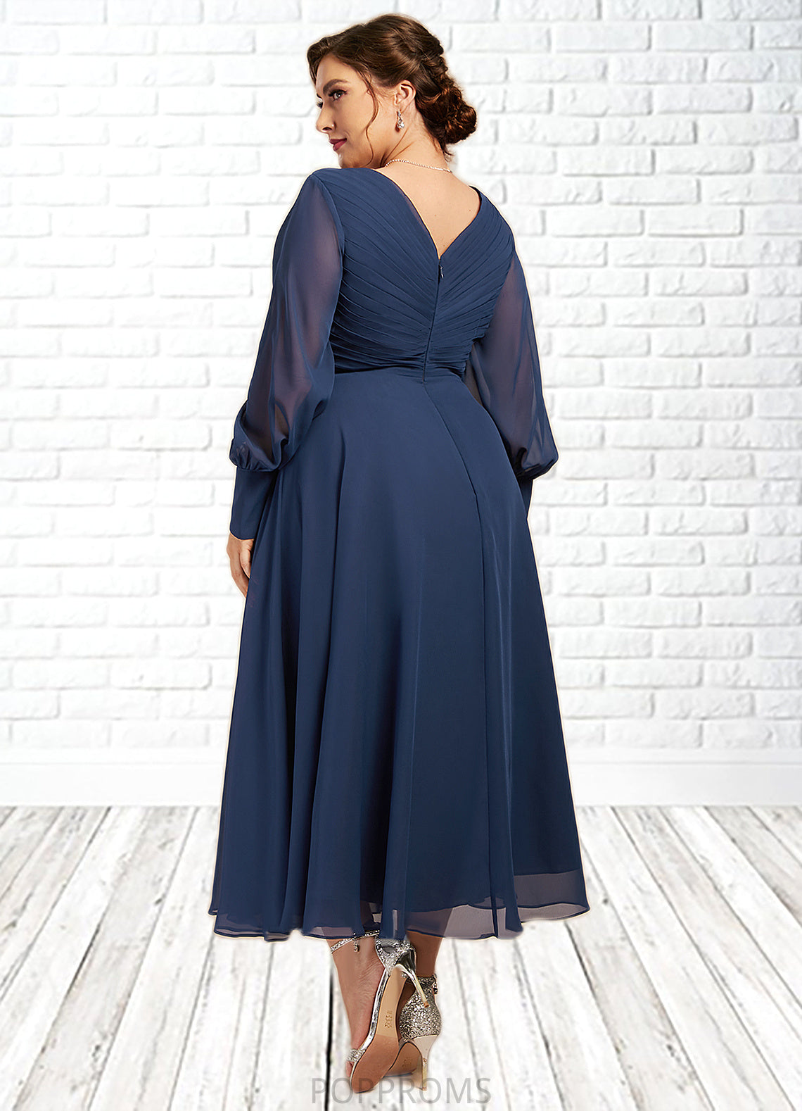 Hana A-Line V-neck Tea-Length Chiffon Mother of the Bride Dress With Ruffle PP6126P0014669