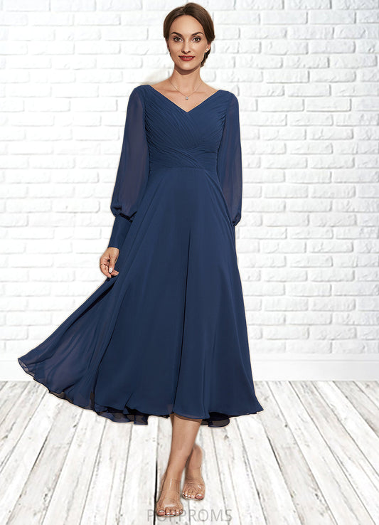 Hana A-Line V-neck Tea-Length Chiffon Mother of the Bride Dress With Ruffle PP6126P0014669