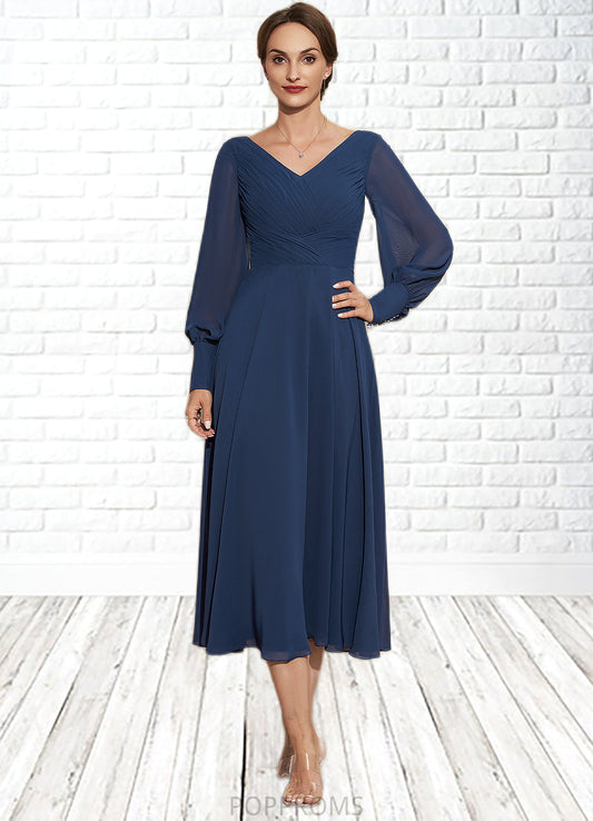 Hana A-Line V-neck Tea-Length Chiffon Mother of the Bride Dress With Ruffle PP6126P0014669