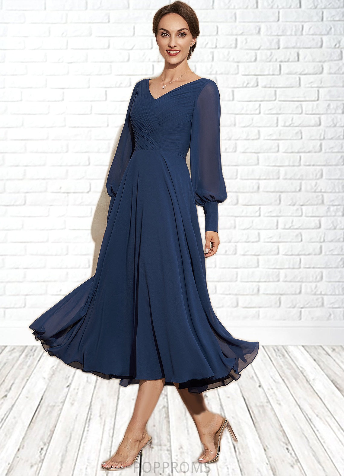 Hana A-Line V-neck Tea-Length Chiffon Mother of the Bride Dress With Ruffle PP6126P0014669