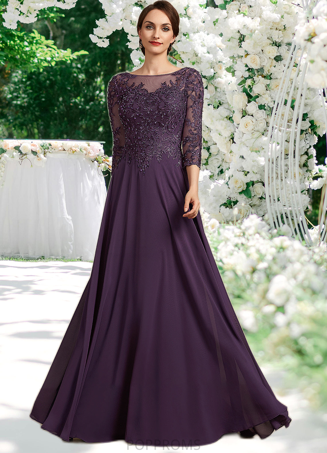 Cali A-Line Scoop Neck Floor-Length Chiffon Lace Mother of the Bride Dress With Sequins PP6126P0014670