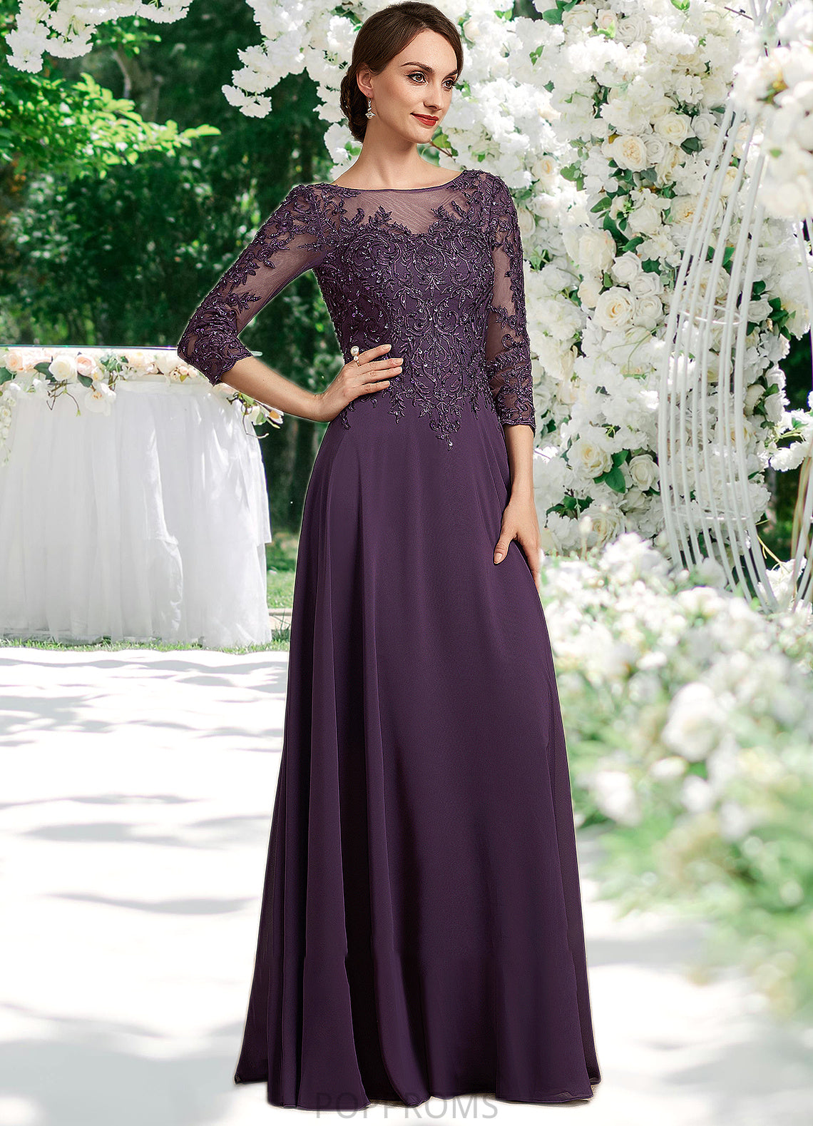 Cali A-Line Scoop Neck Floor-Length Chiffon Lace Mother of the Bride Dress With Sequins PP6126P0014670