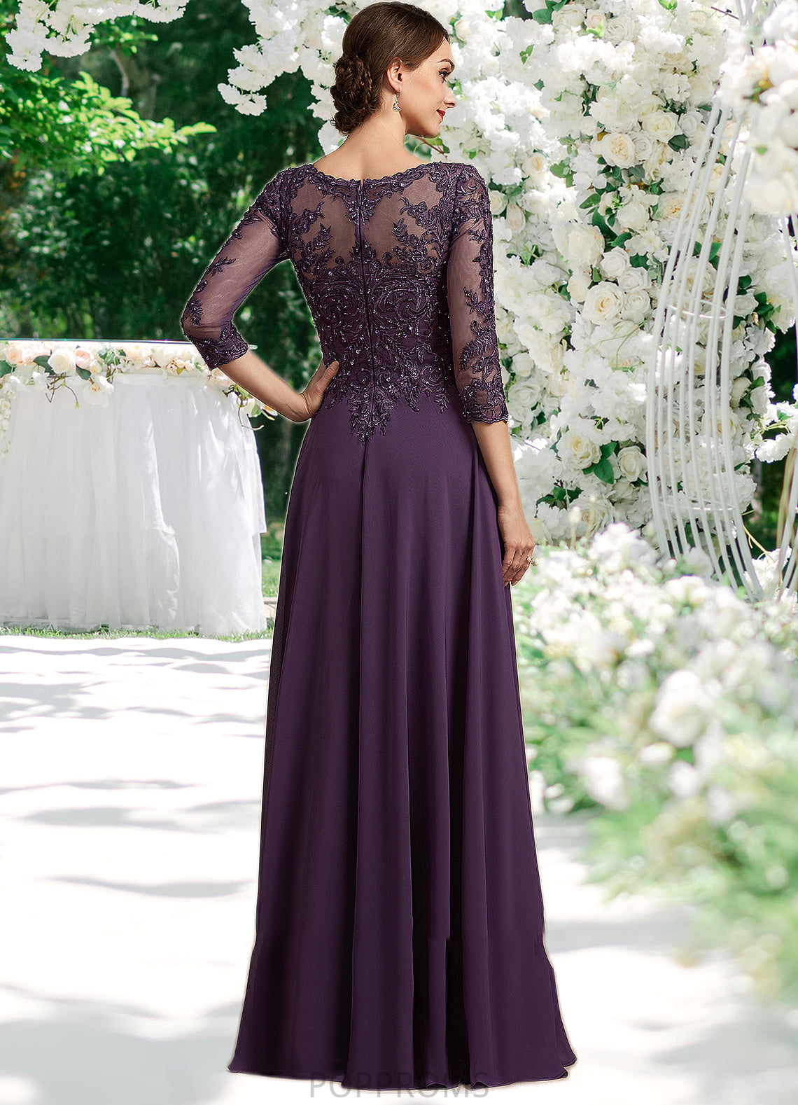 Cali A-Line Scoop Neck Floor-Length Chiffon Lace Mother of the Bride Dress With Sequins PP6126P0014670