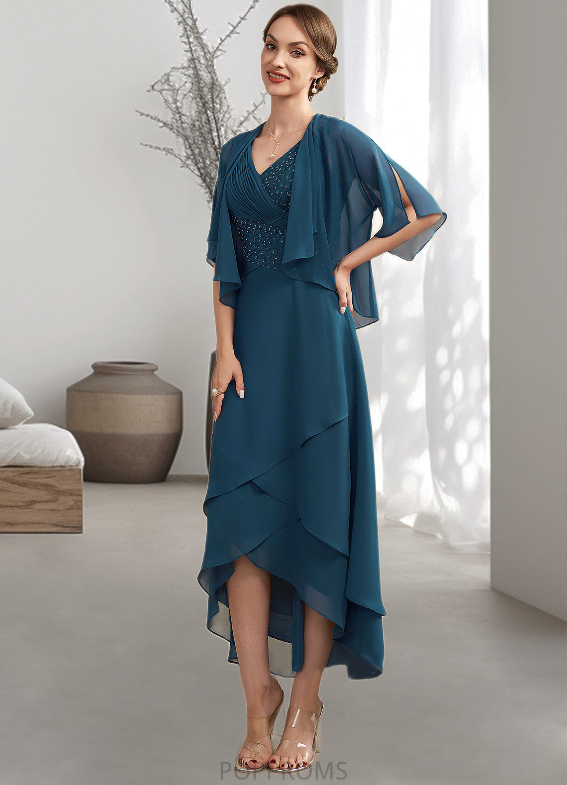 Julianna A-Line V-neck Asymmetrical Chiffon Mother of the Bride Dress With Ruffle Beading Sequins PP6126P0014671