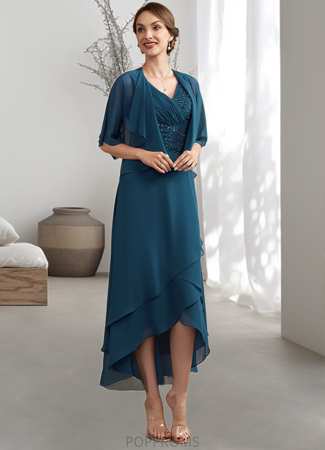 Julianna A-Line V-neck Asymmetrical Chiffon Mother of the Bride Dress With Ruffle Beading Sequins PP6126P0014671