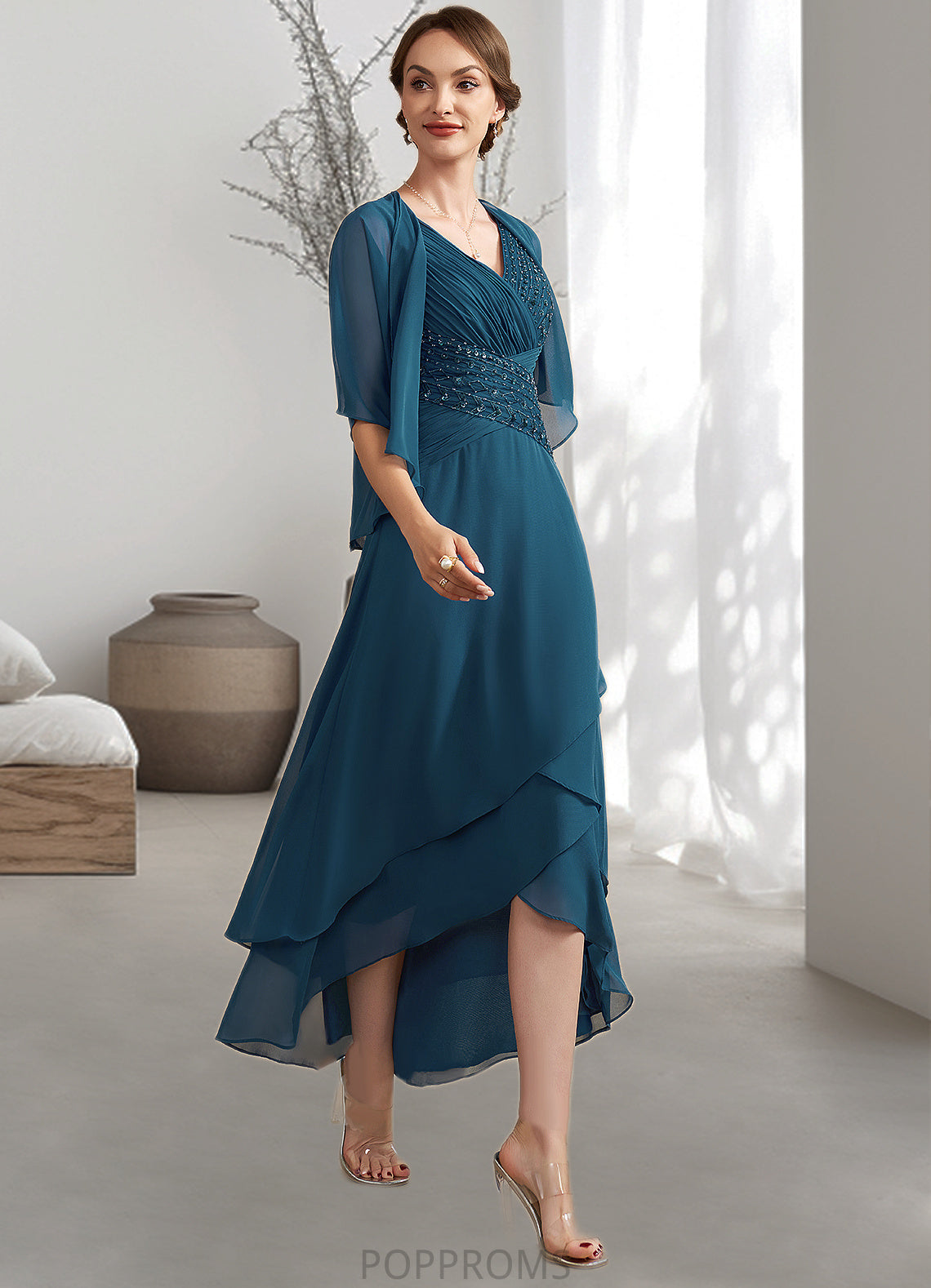 Julianna A-Line V-neck Asymmetrical Chiffon Mother of the Bride Dress With Ruffle Beading Sequins PP6126P0014671