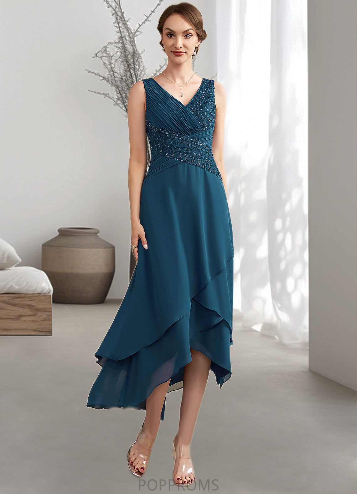 Julianna A-Line V-neck Asymmetrical Chiffon Mother of the Bride Dress With Ruffle Beading Sequins PP6126P0014671