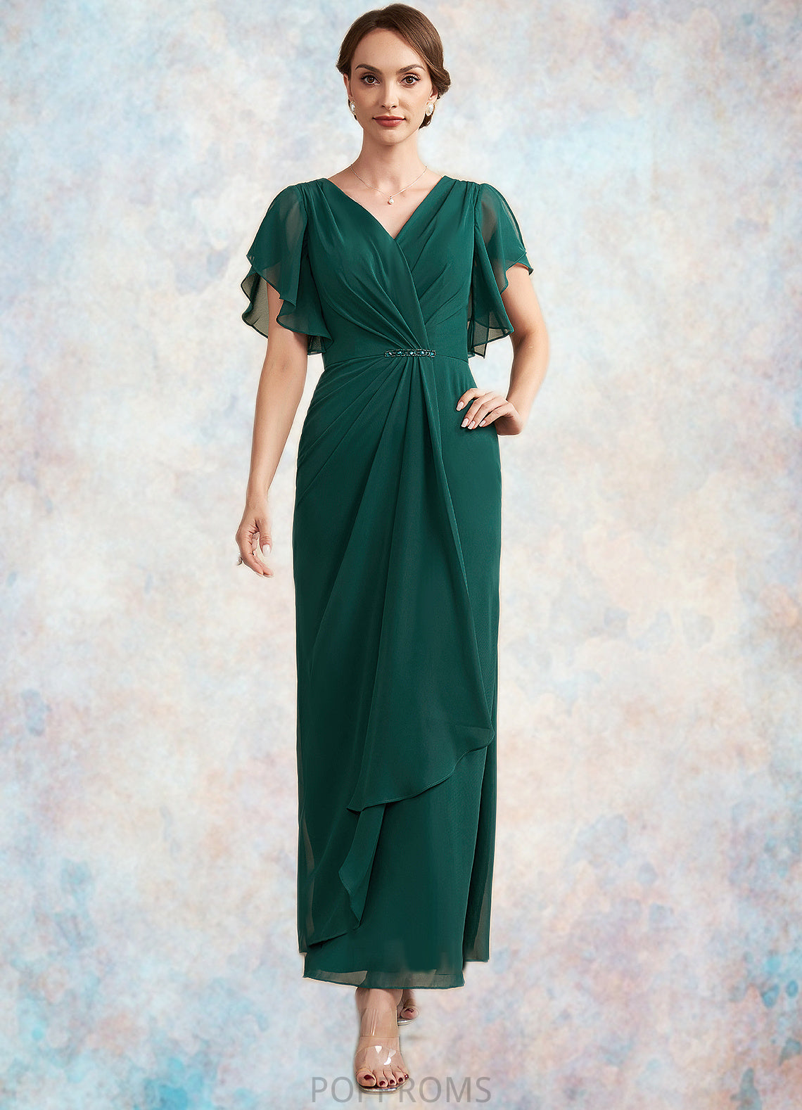 Nan A-Line V-neck Ankle-Length Chiffon Mother of the Bride Dress With Ruffle Beading Sequins PP6126P0014672