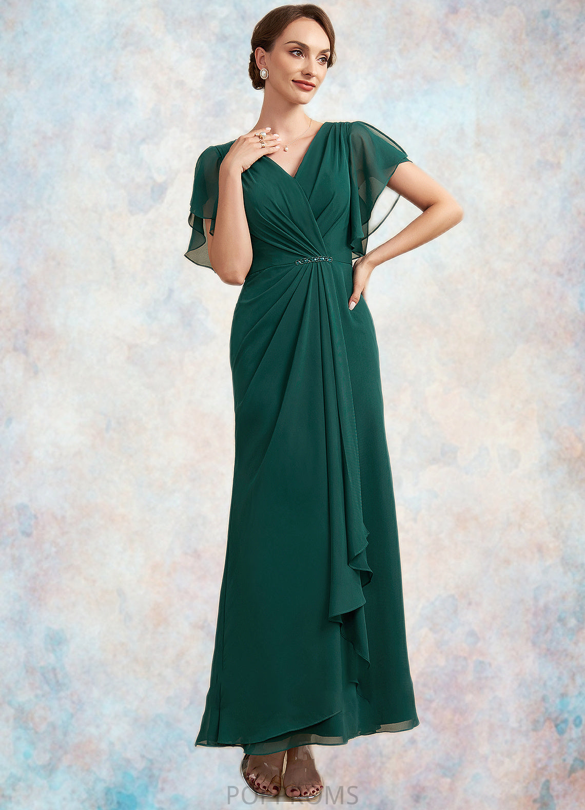 Nan A-Line V-neck Ankle-Length Chiffon Mother of the Bride Dress With Ruffle Beading Sequins PP6126P0014672