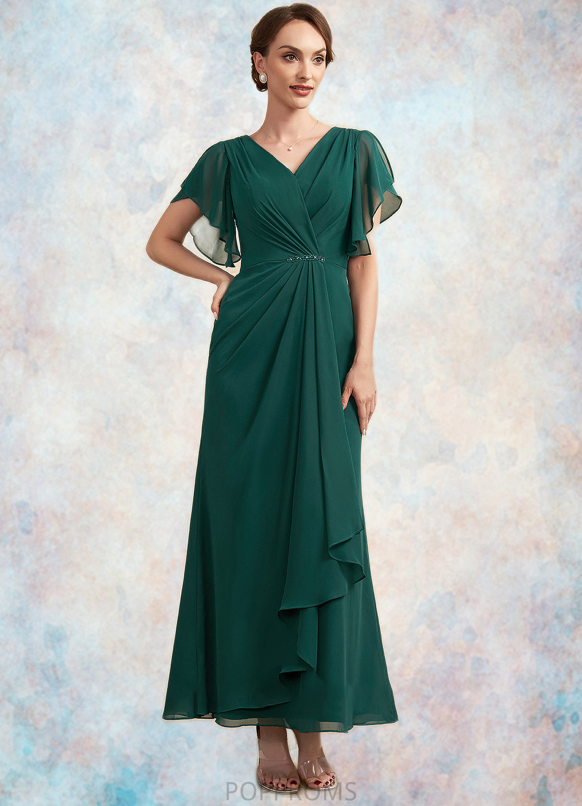 Nan A-Line V-neck Ankle-Length Chiffon Mother of the Bride Dress With Ruffle Beading Sequins PP6126P0014672