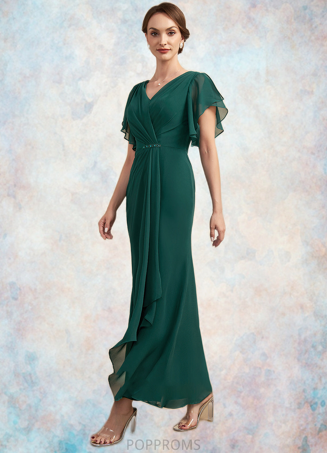 Nan A-Line V-neck Ankle-Length Chiffon Mother of the Bride Dress With Ruffle Beading Sequins PP6126P0014672