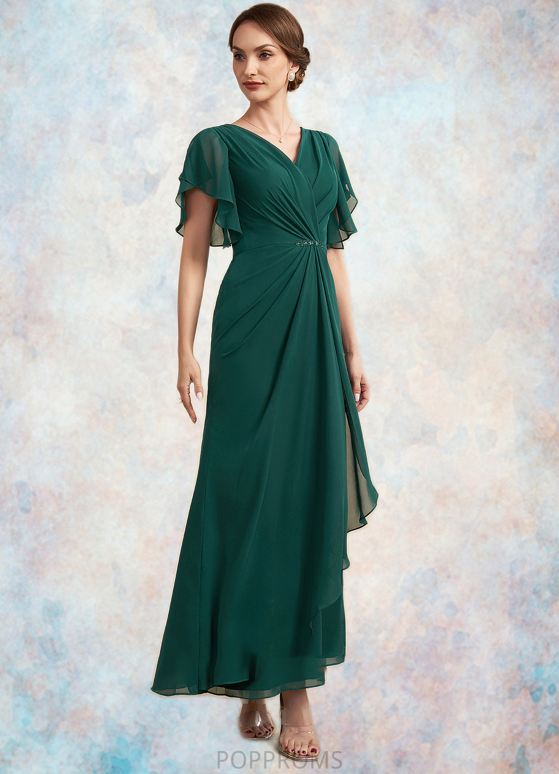 Nan A-Line V-neck Ankle-Length Chiffon Mother of the Bride Dress With Ruffle Beading Sequins PP6126P0014672