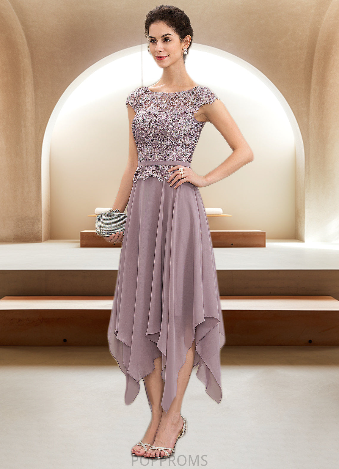 Savannah A-Line Scoop Neck Ankle-Length Chiffon Lace Mother of the Bride Dress With Cascading Ruffles PP6126P0014673