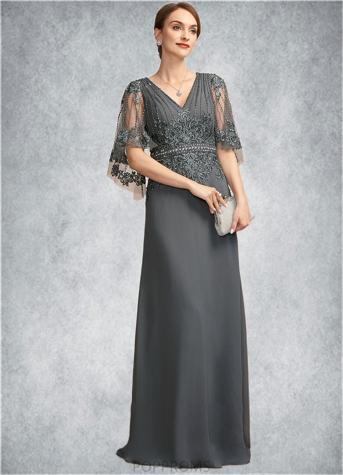 Haley A-Line V-neck Floor-Length Chiffon Lace Mother of the Bride Dress With Beading Sequins PP6126P0014674