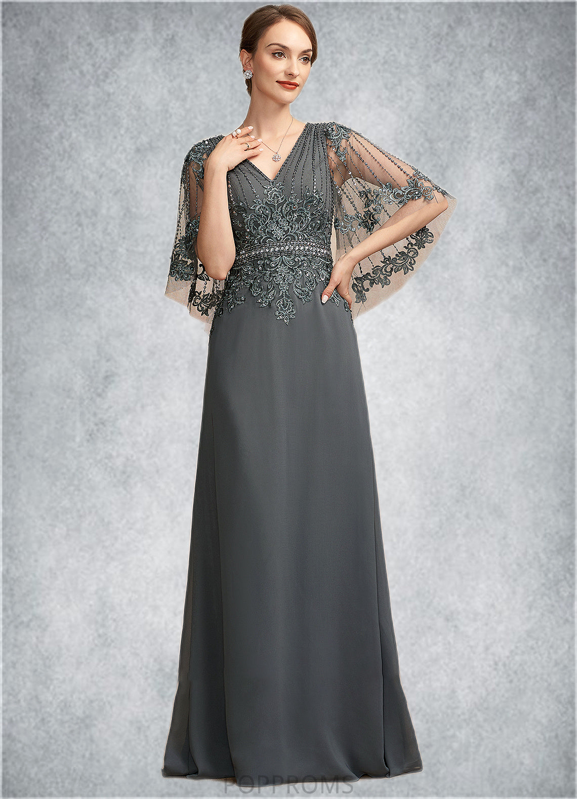 Haley A-Line V-neck Floor-Length Chiffon Lace Mother of the Bride Dress With Beading Sequins PP6126P0014674