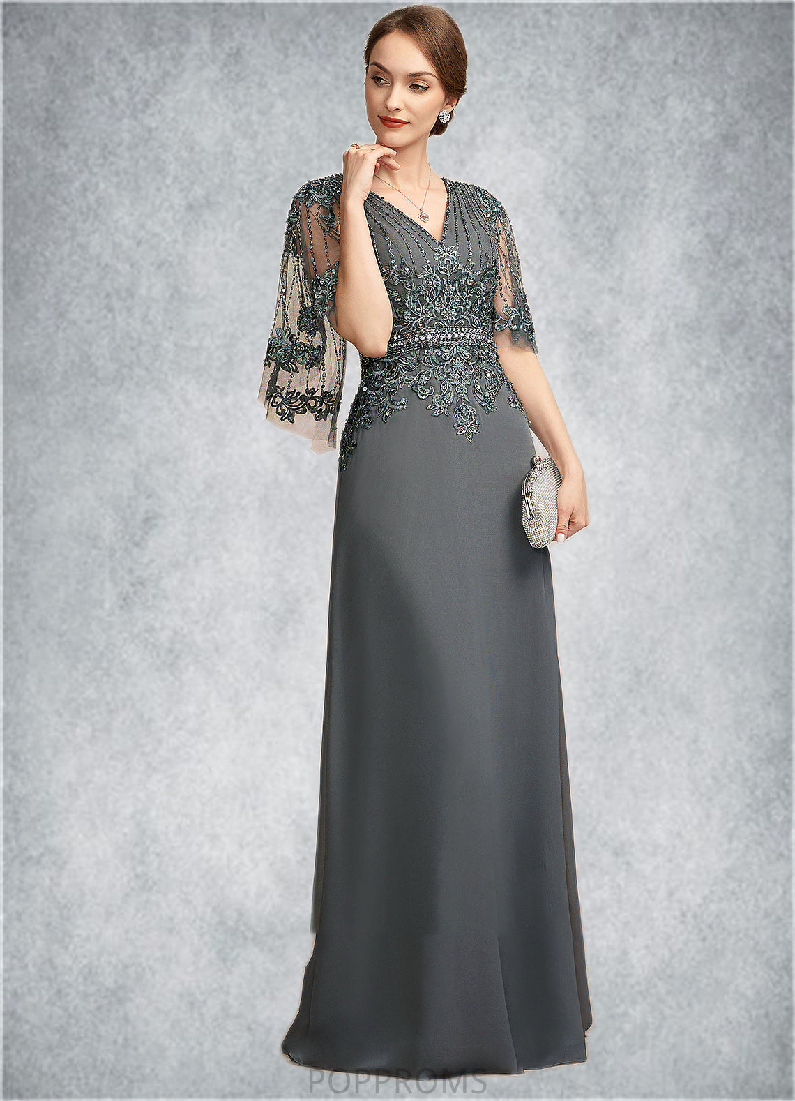 Haley A-Line V-neck Floor-Length Chiffon Lace Mother of the Bride Dress With Beading Sequins PP6126P0014674