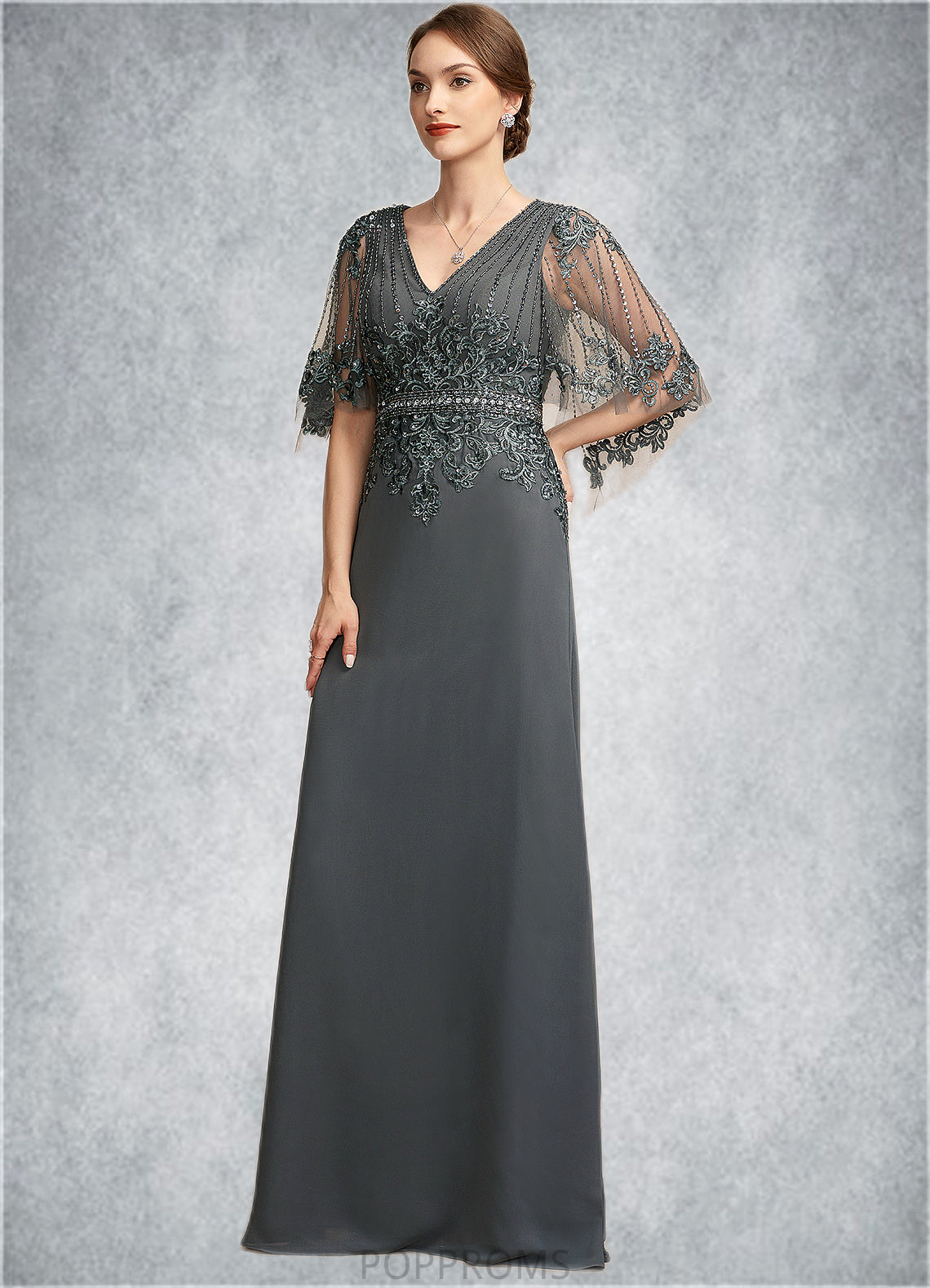 Haley A-Line V-neck Floor-Length Chiffon Lace Mother of the Bride Dress With Beading Sequins PP6126P0014674