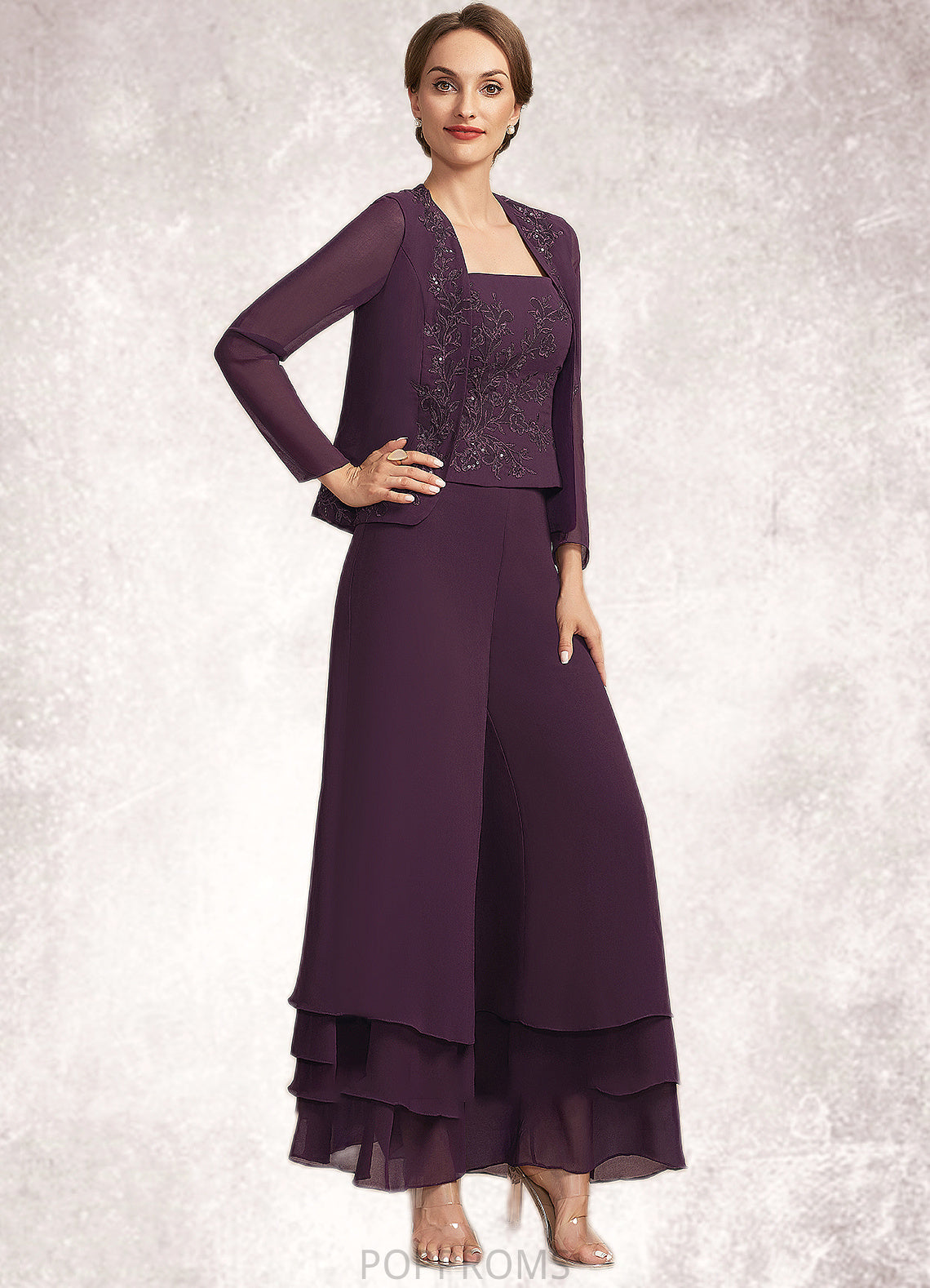 Anna Jumpsuit/Pantsuit Square Neckline Ankle-Length Chiffon Lace Mother of the Bride Dress With Sequins PP6126P0014676