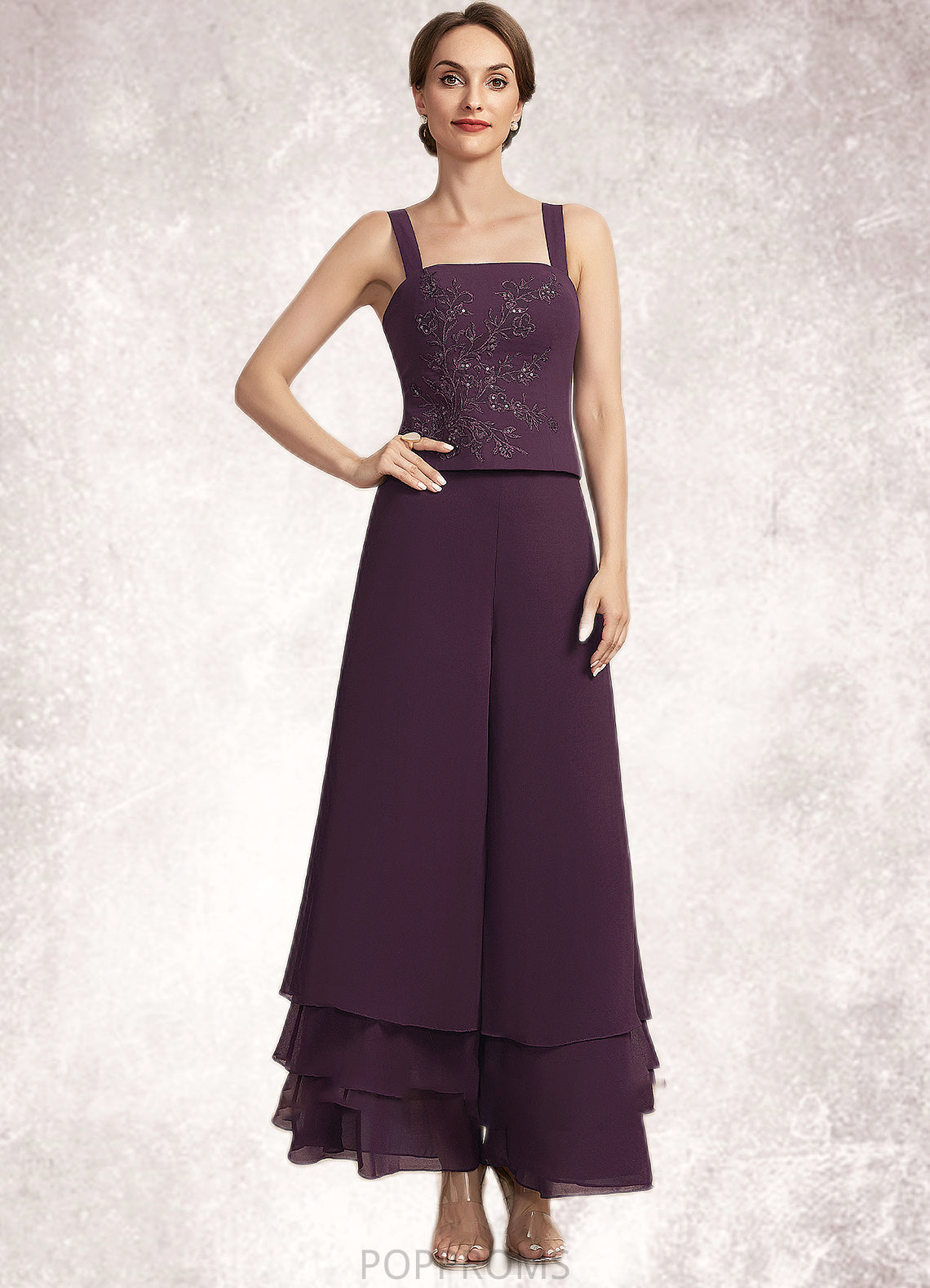 Anna Jumpsuit/Pantsuit Square Neckline Ankle-Length Chiffon Lace Mother of the Bride Dress With Sequins PP6126P0014676